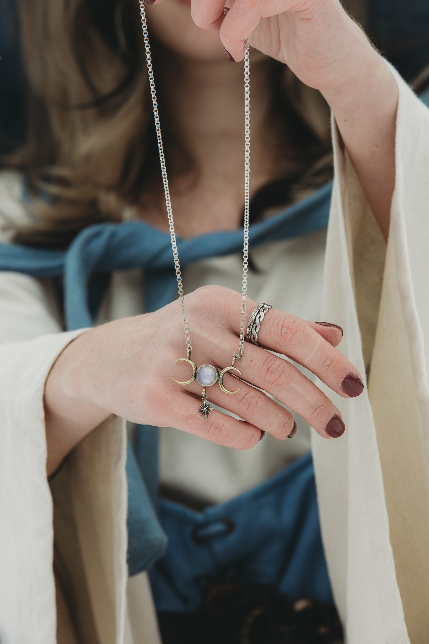 NYX Triple Moon Moonstone Necklace Silver and Brass