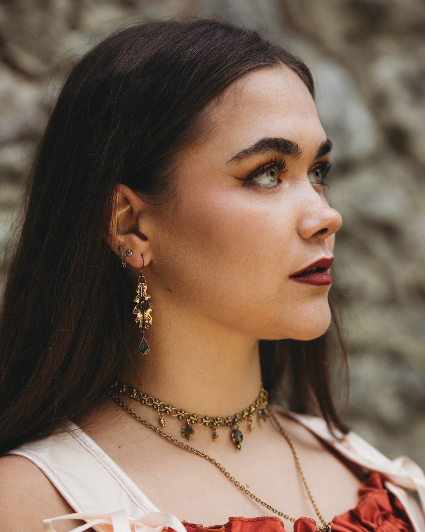 SILVA oak leaf earrings with moss agate