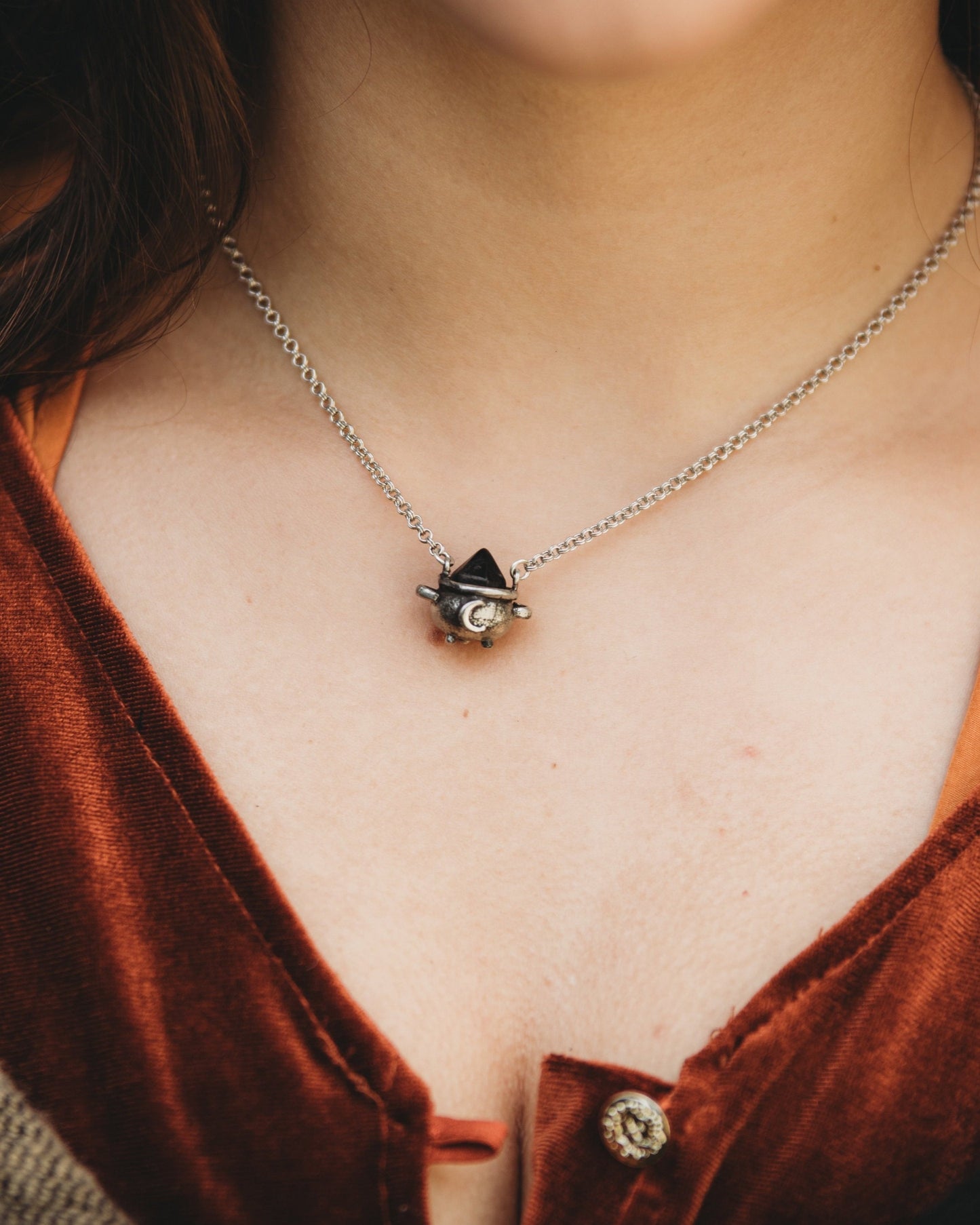 Onyx Witch Cauldron Necklace in Sterling Silver
