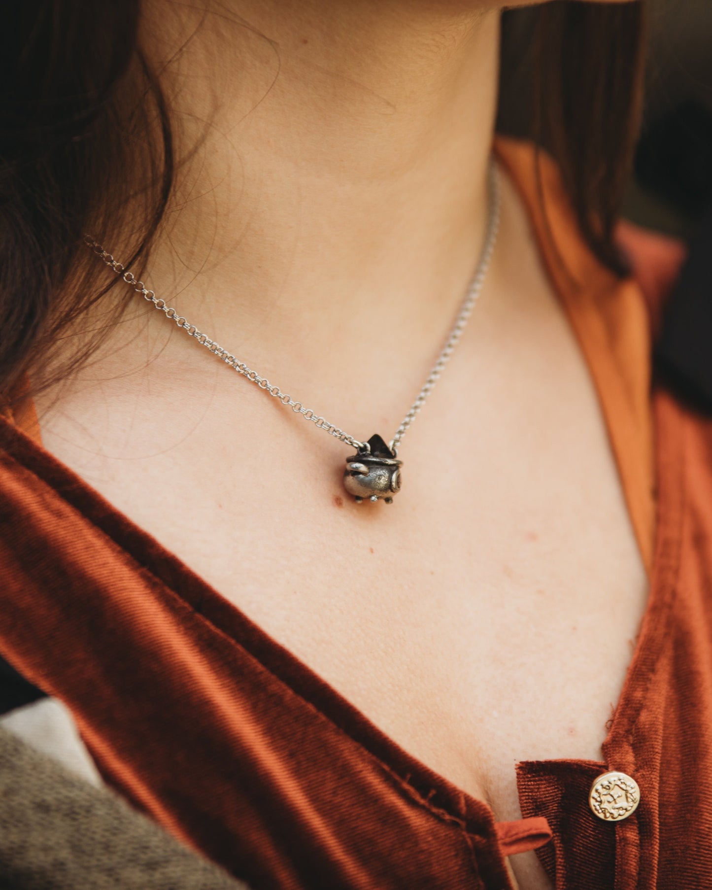 Onyx Witch Cauldron Necklace in Sterling Silver