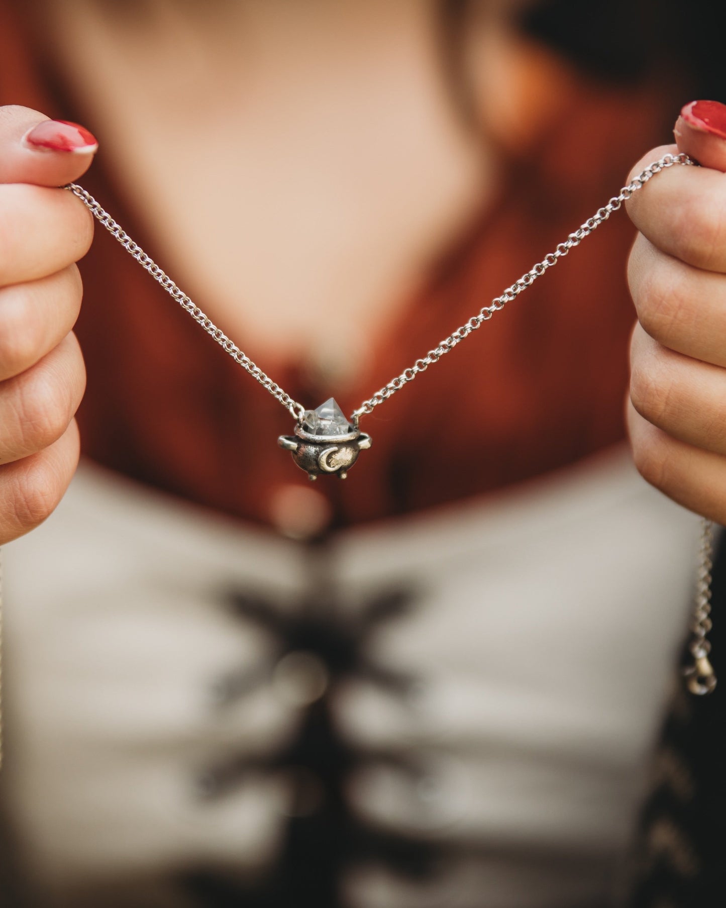 Herkimer Crystal Witch Cauldron Necklace in Sterling Silver