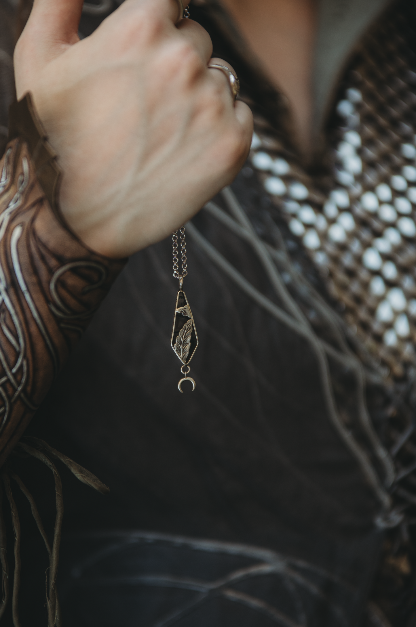 ITHILWEN Moss Agate Necklace in Sterling Silver with moon detail