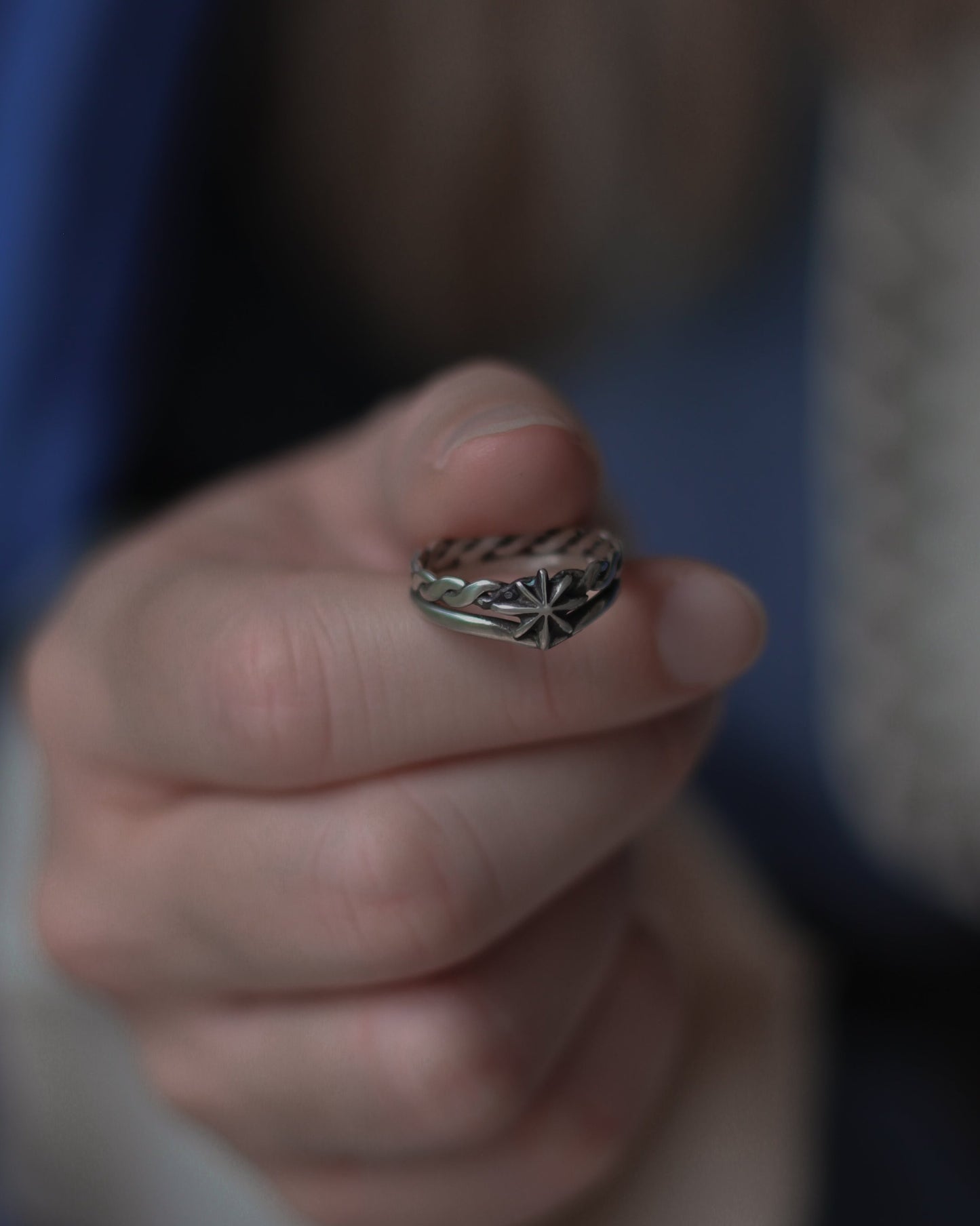 Elven Viking Double Star Ring in silver and braided style