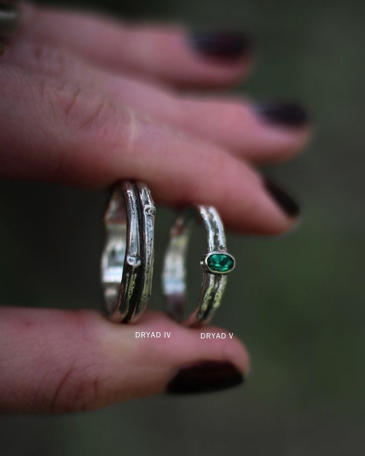 Silver tree bark emerald wedding or engagement ring