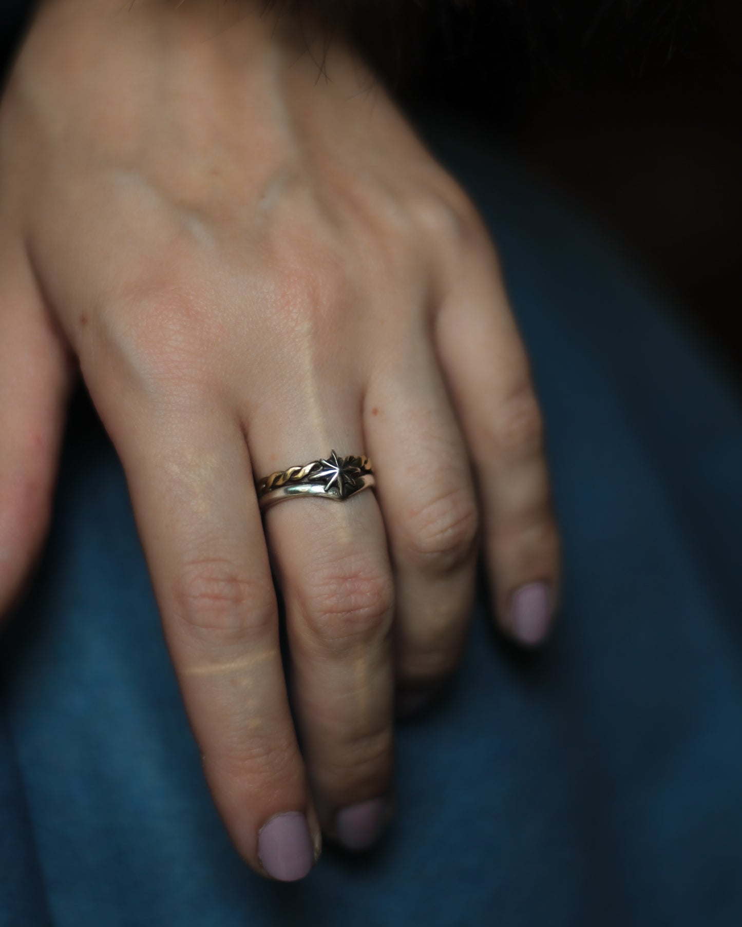 Elven Viking Double Star Ring in silver and brass braided mixed metal style