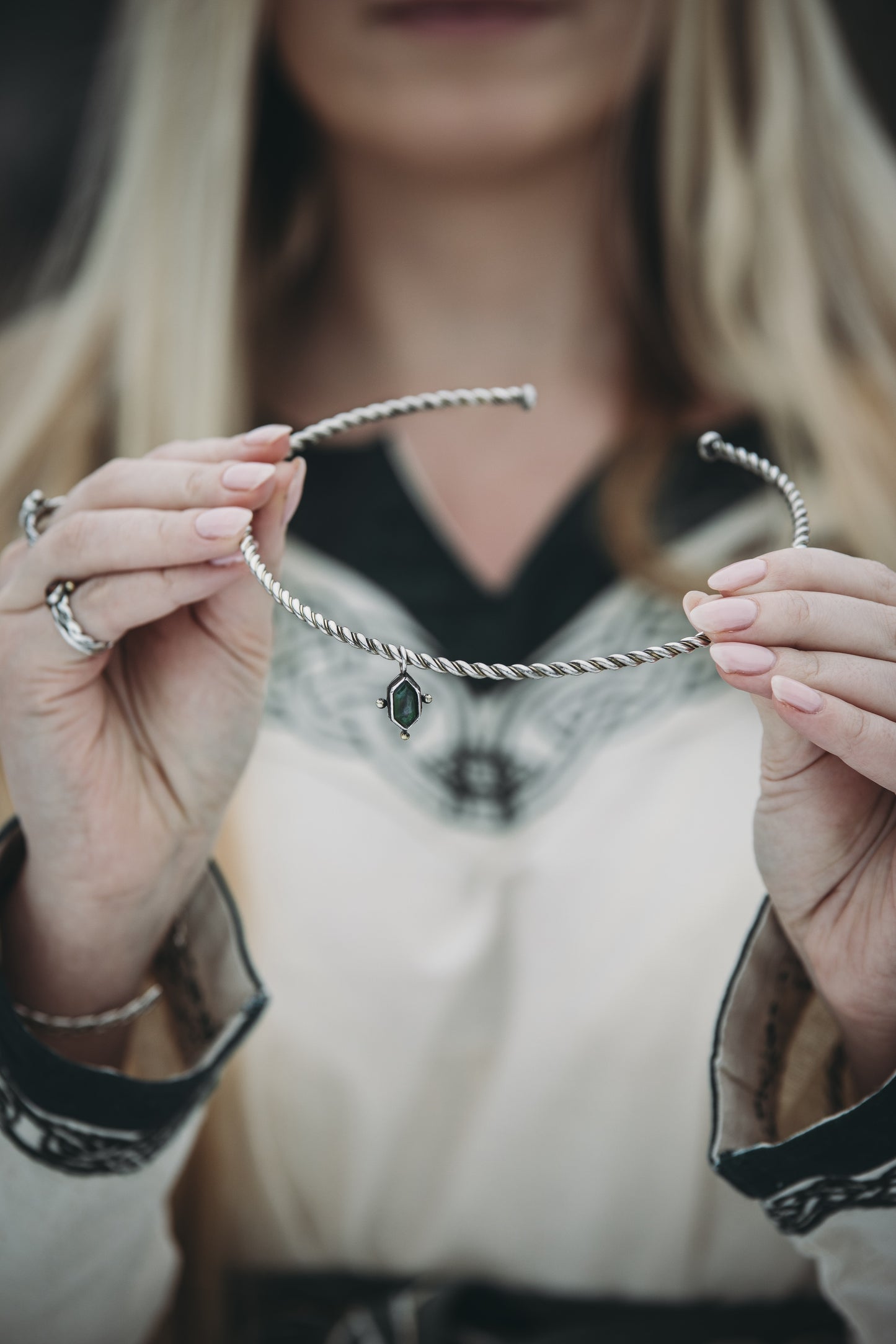 NORÐR Moss Agate Torque Choker in Sterling Silver and Brass