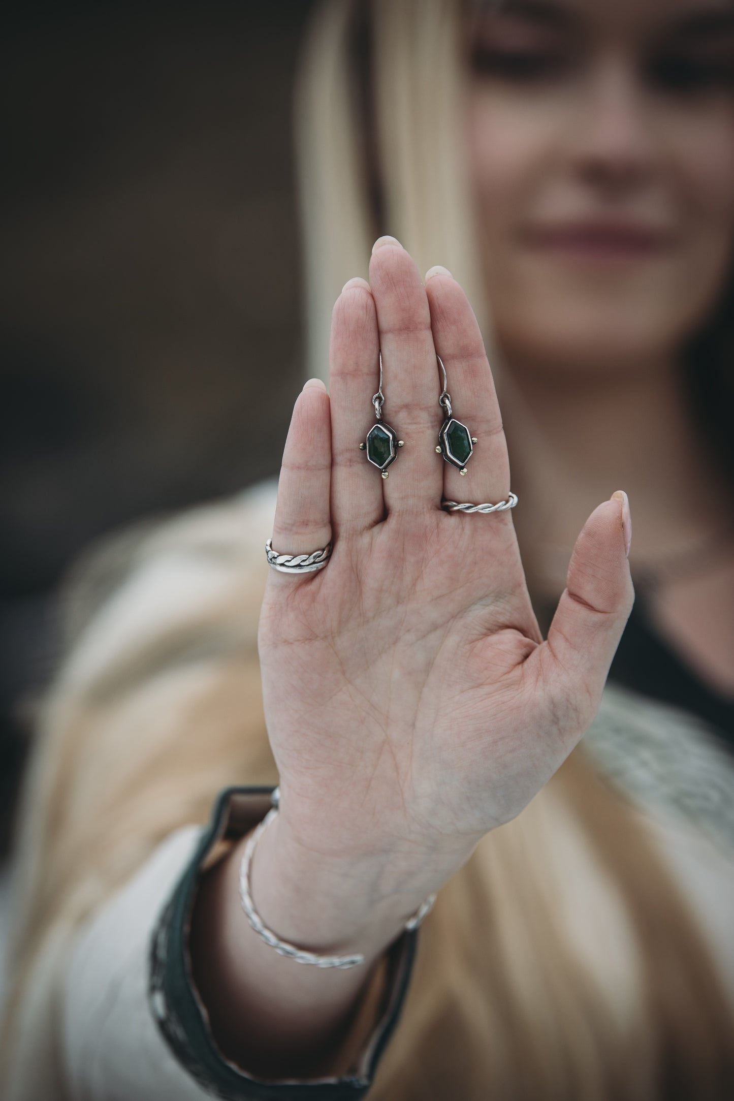 NORÐR Moss Agate Earrings in Sterling Silver and Brass