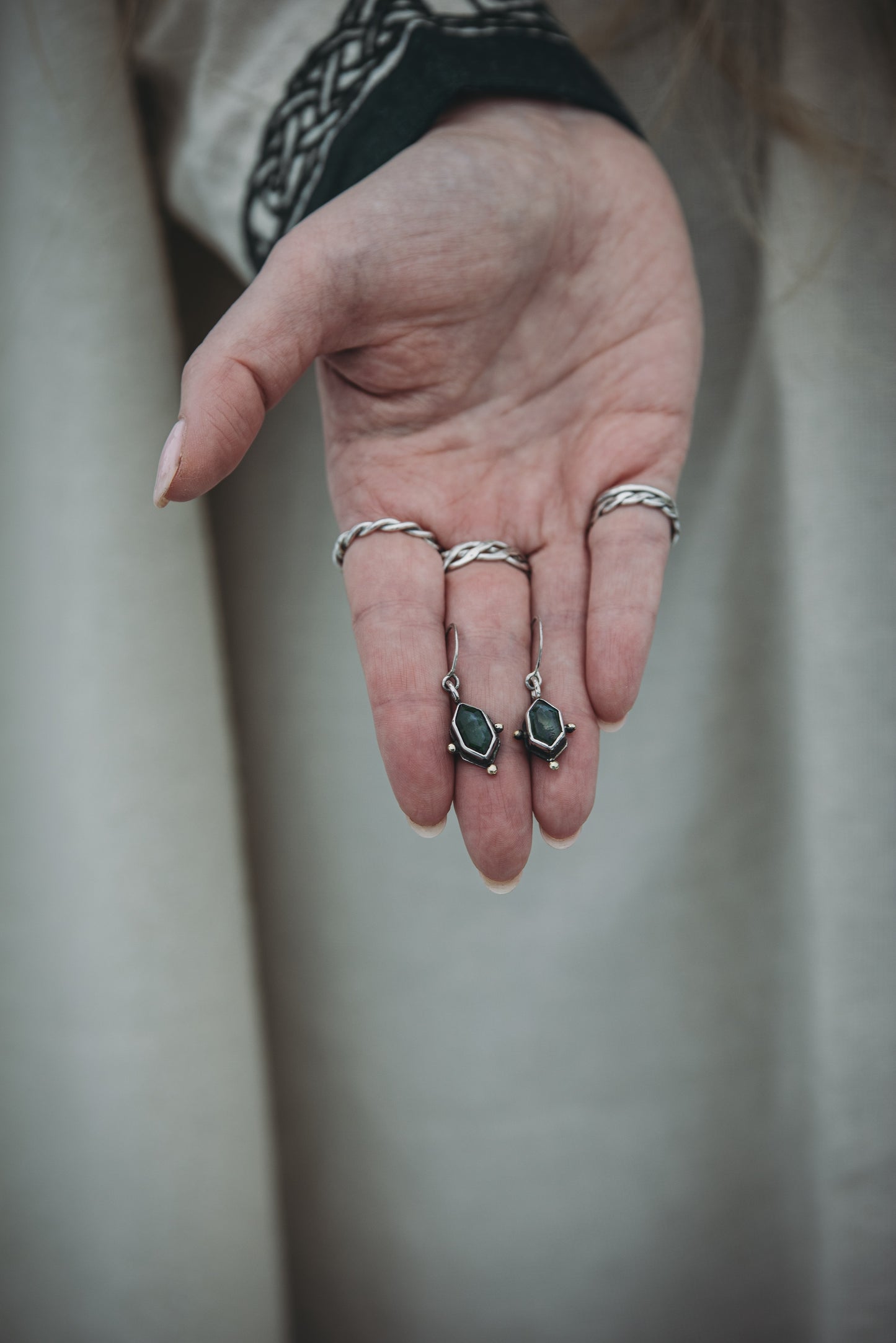 NORÐR Moss Agate Earrings in Sterling Silver and Brass