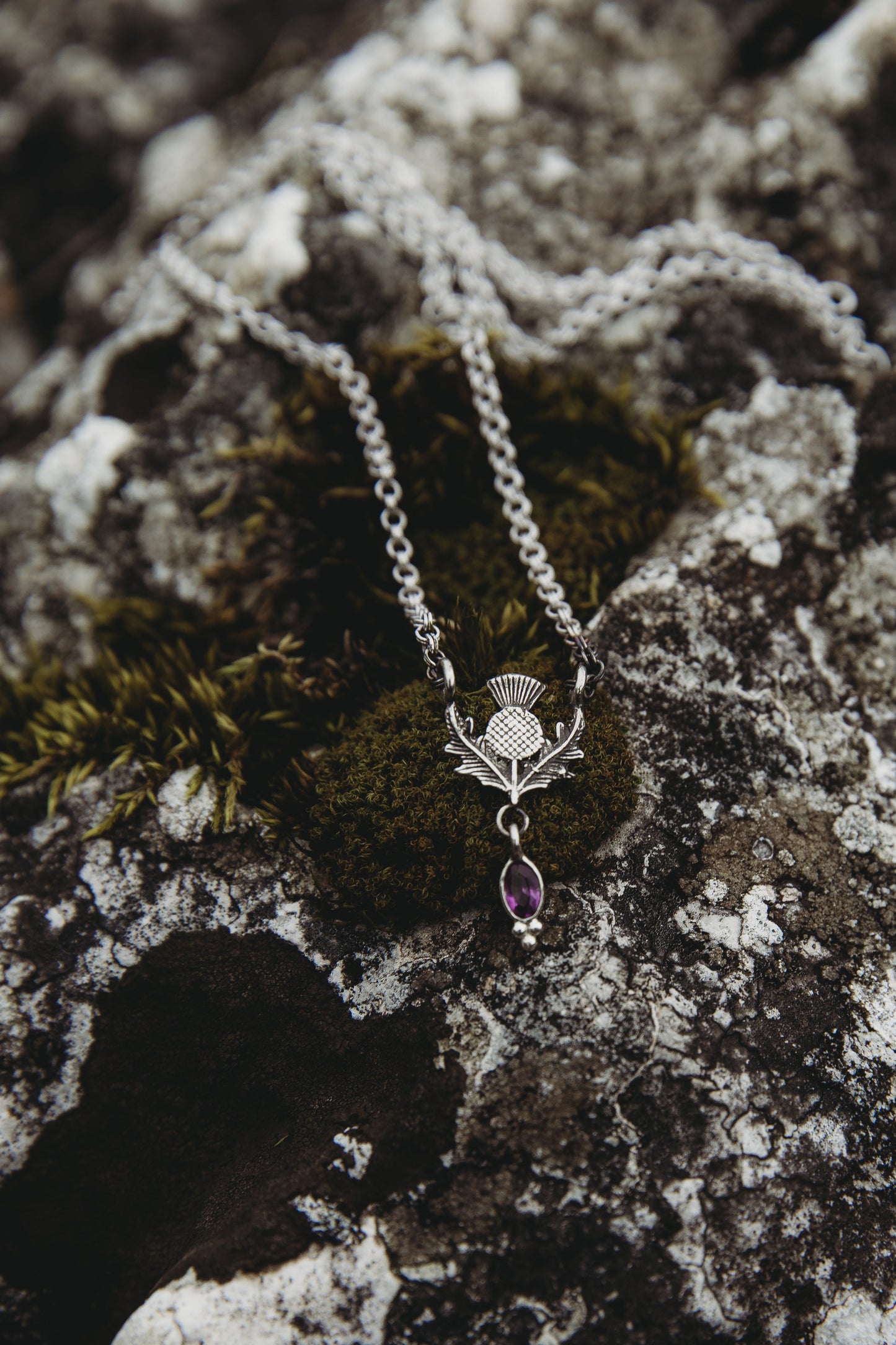 DRAOIDH III Thistle and Amethyst Necklace in Sterling Silver