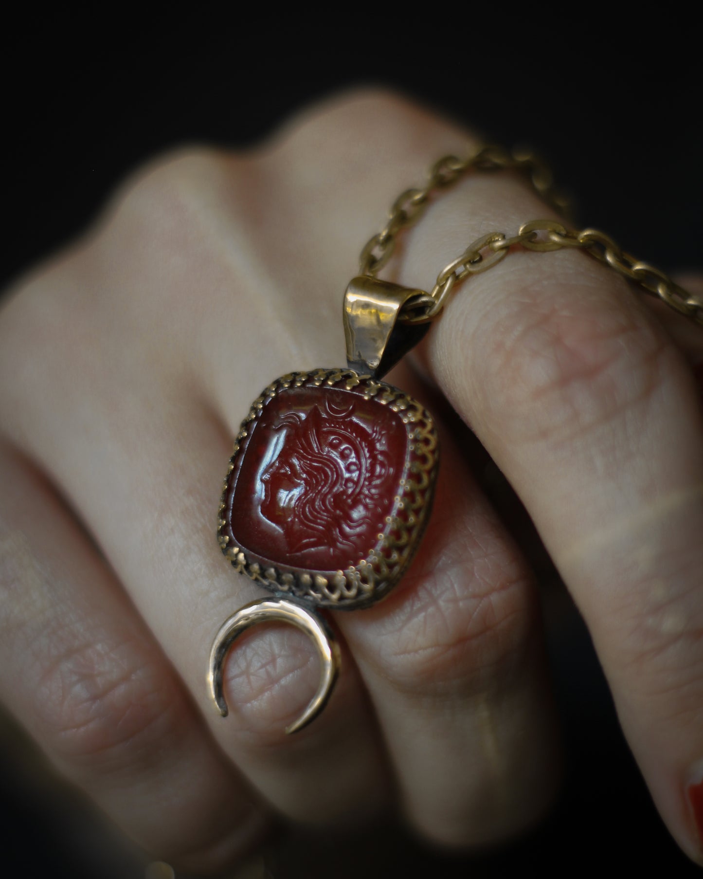 glass cameo Athena goddess necklace with moon