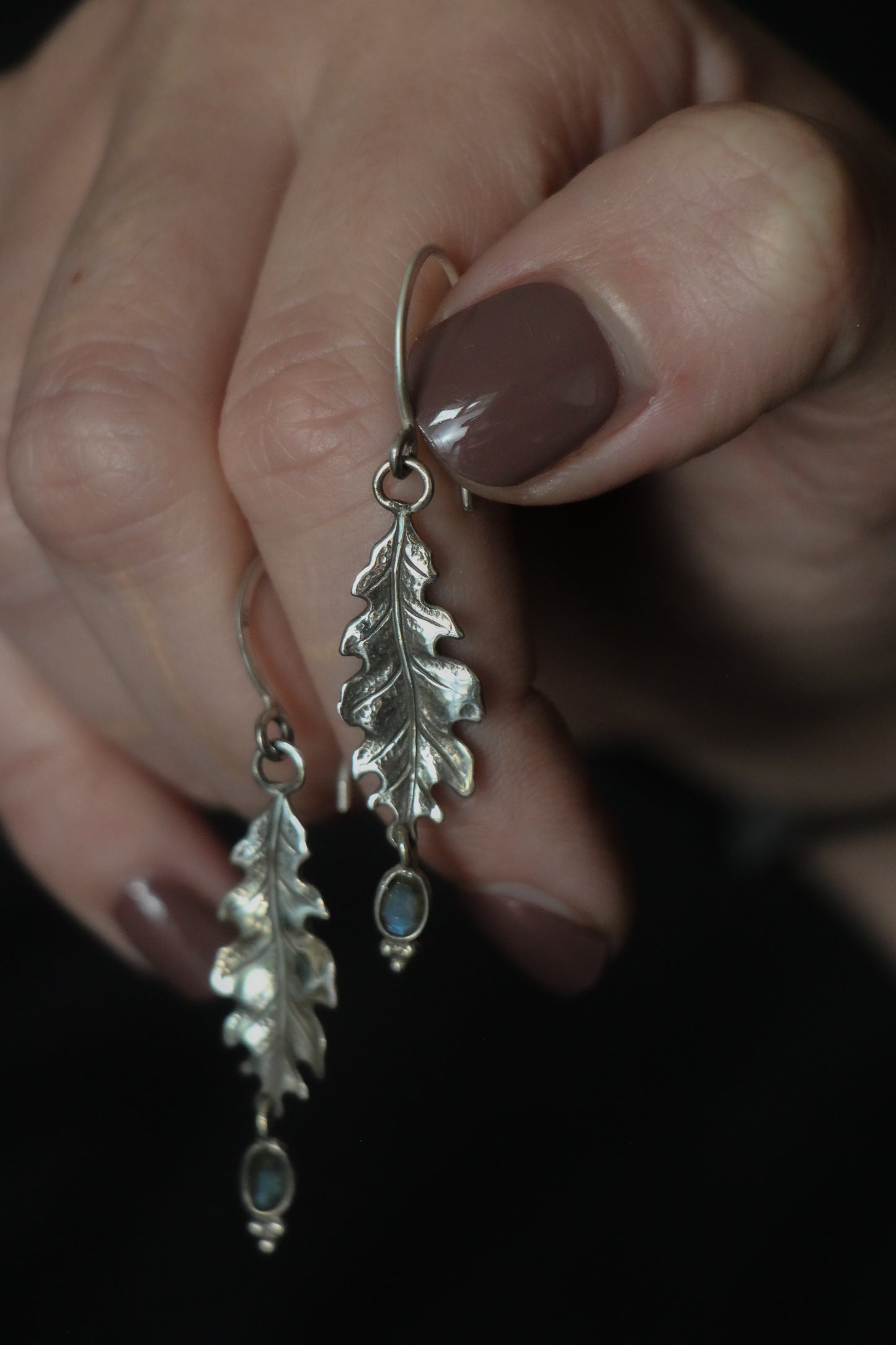 SILVA labradorite sterling silver oak leaf earrings