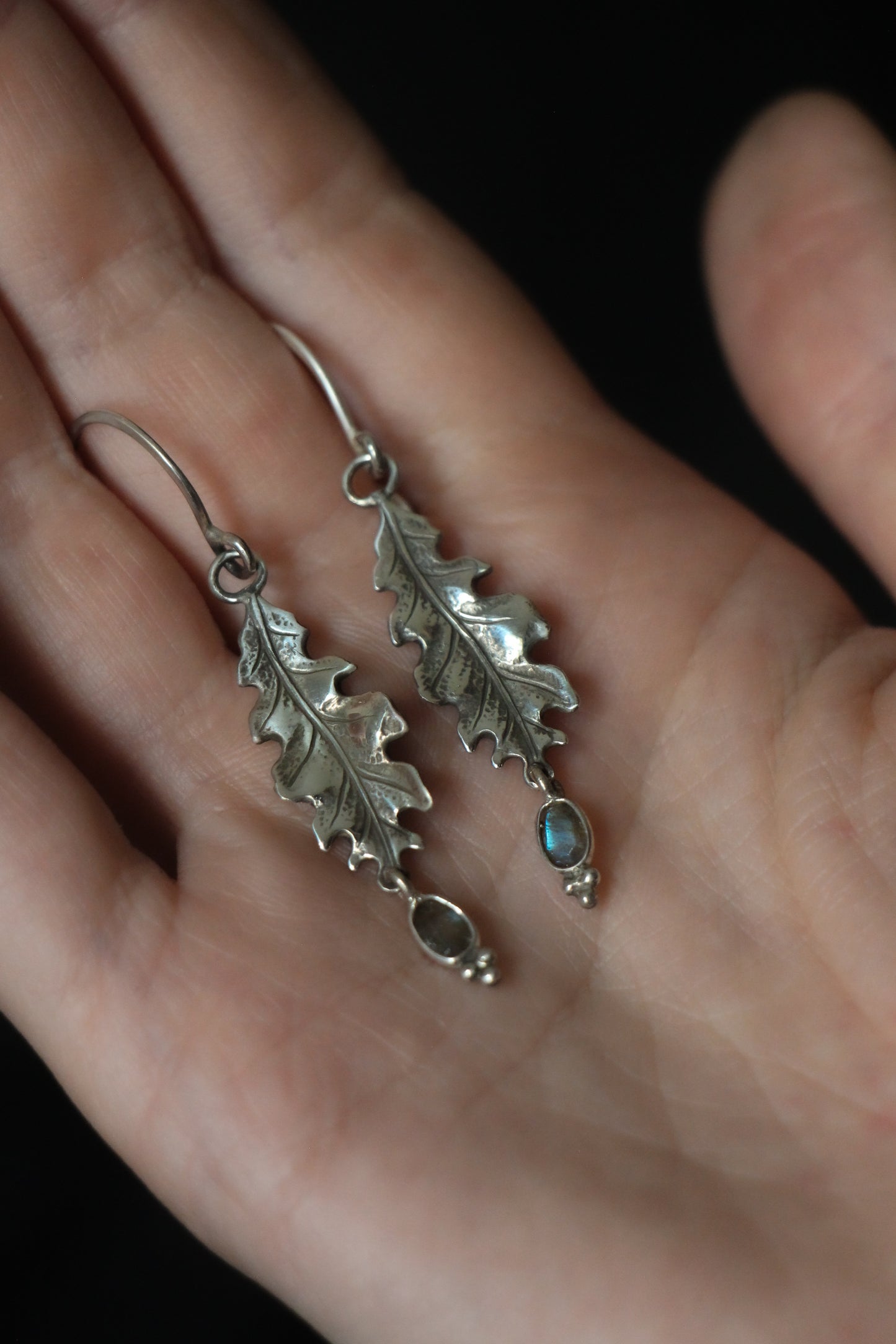 SILVA labradorite sterling silver oak leaf earrings