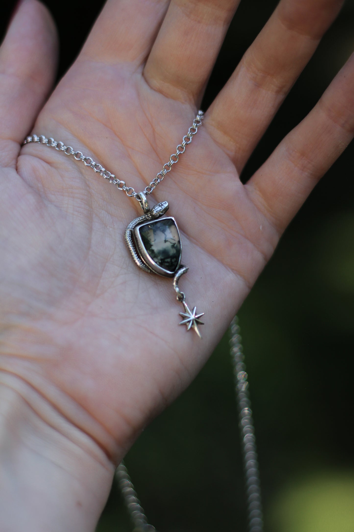 SÍRIEL II snake and star high fantasy pendant in sterling silver with moss agate shield