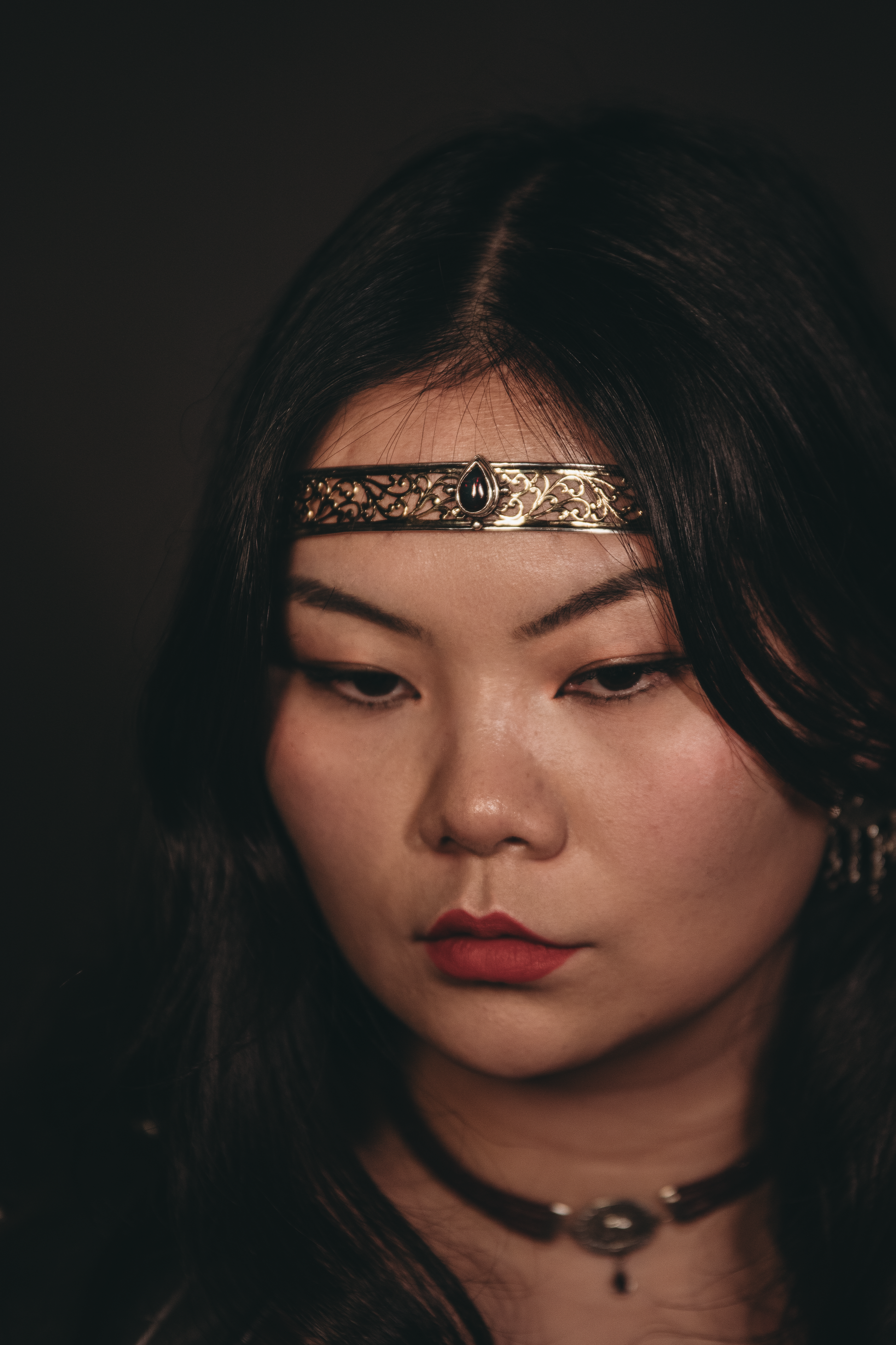 Floral Renaissance crown in sterling silver and brass with blood-red garnet