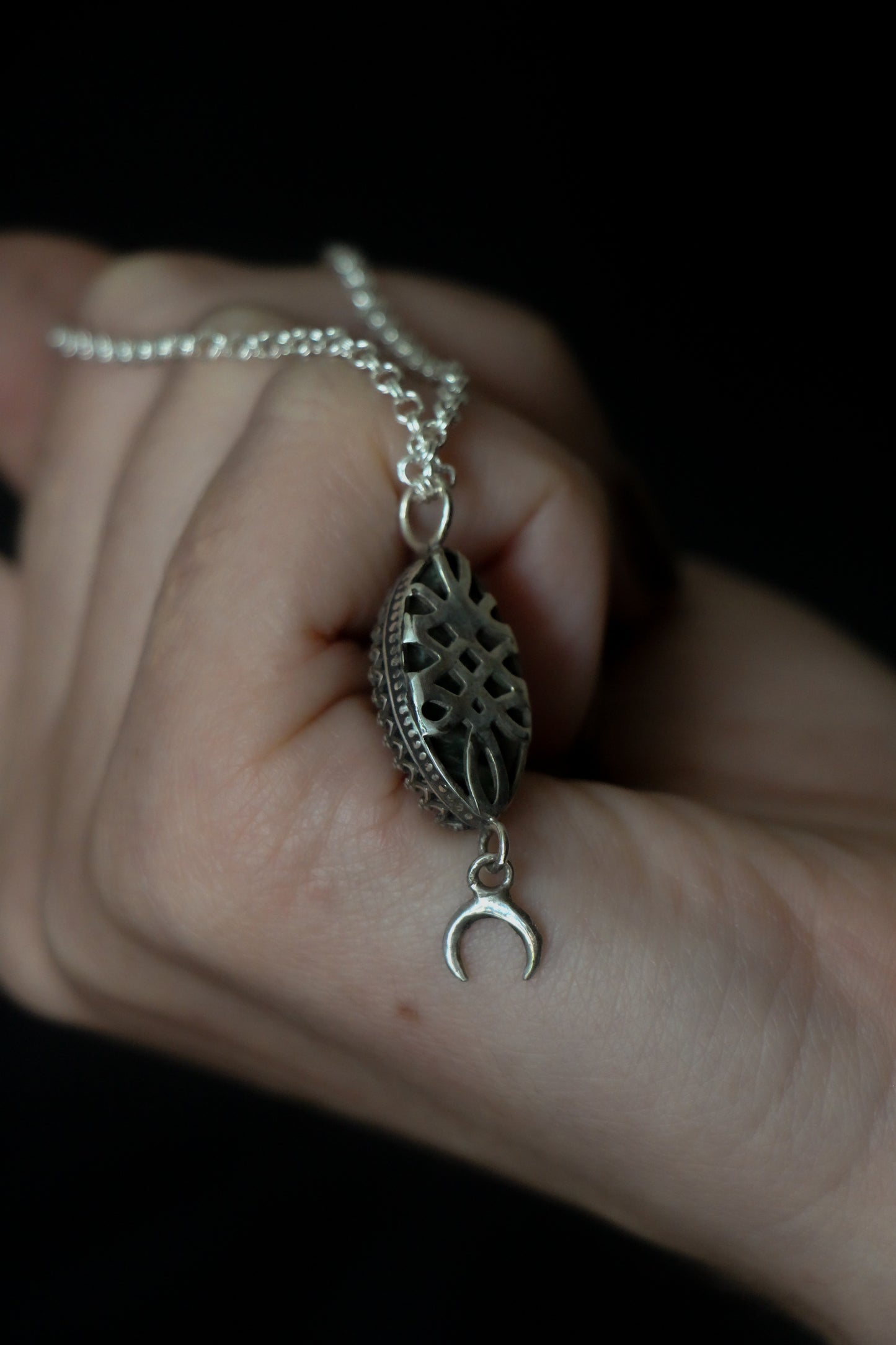 Moss Agate Moon Necklace Silver