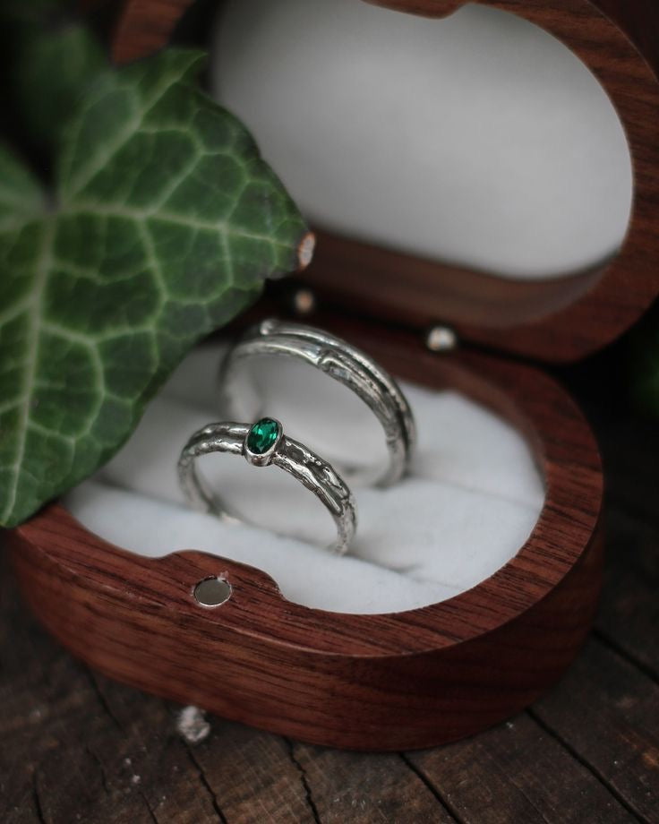 Silver tree bark emerald wedding or engagement ring