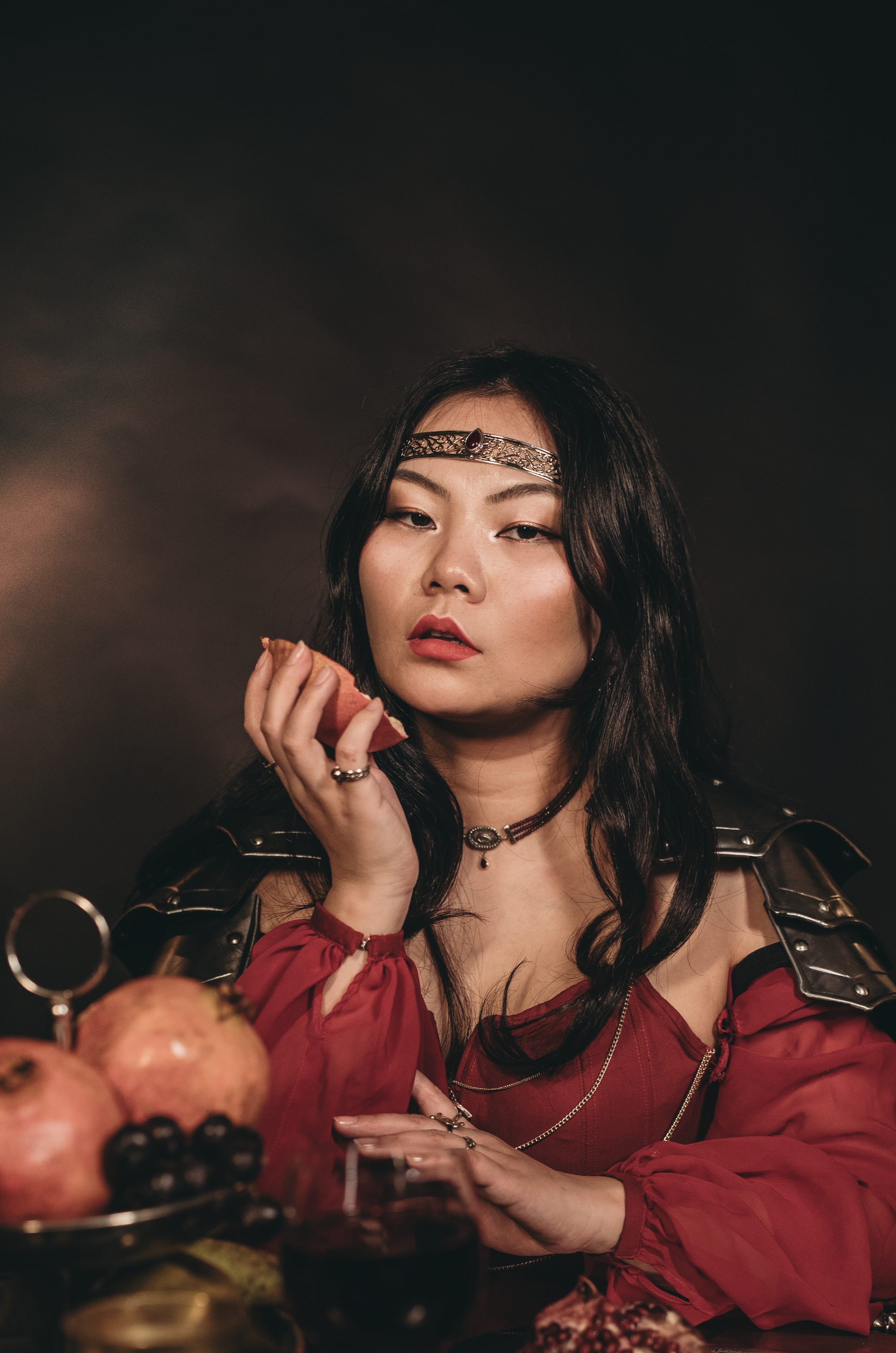 Handforged Renaissance crown in sterling silver and brass with blood-red garnet