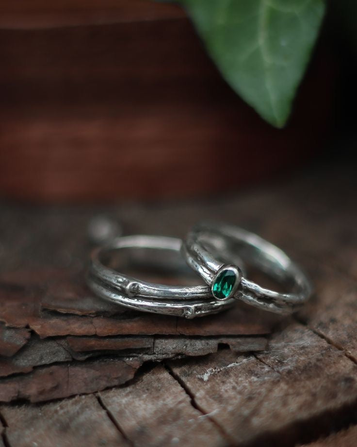 Silver tree bark emerald wedding or engagement ring