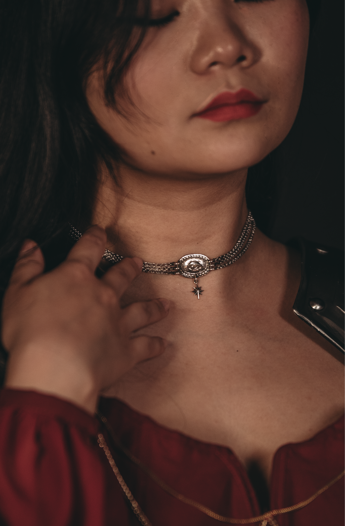 Handmade Victorian Lovers Eye necklace with silver pendant on triple chain. Adjustable size, perfect for romantic gifts, anniversaries, and sentimental keepsakes.