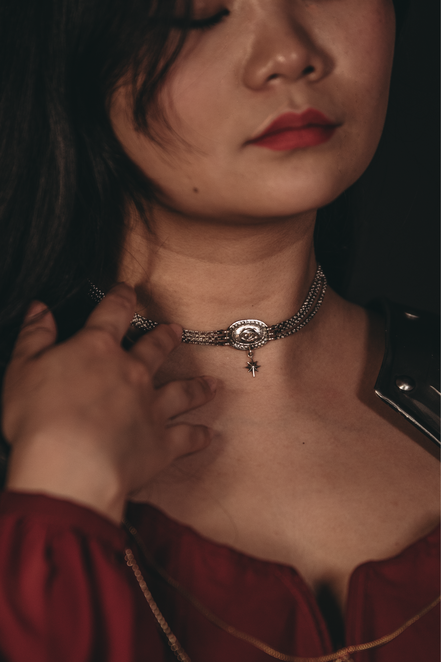 Handmade Victorian Lovers Eye necklace with silver pendant on triple chain. Adjustable size, perfect for romantic gifts, anniversaries, and sentimental keepsakes.