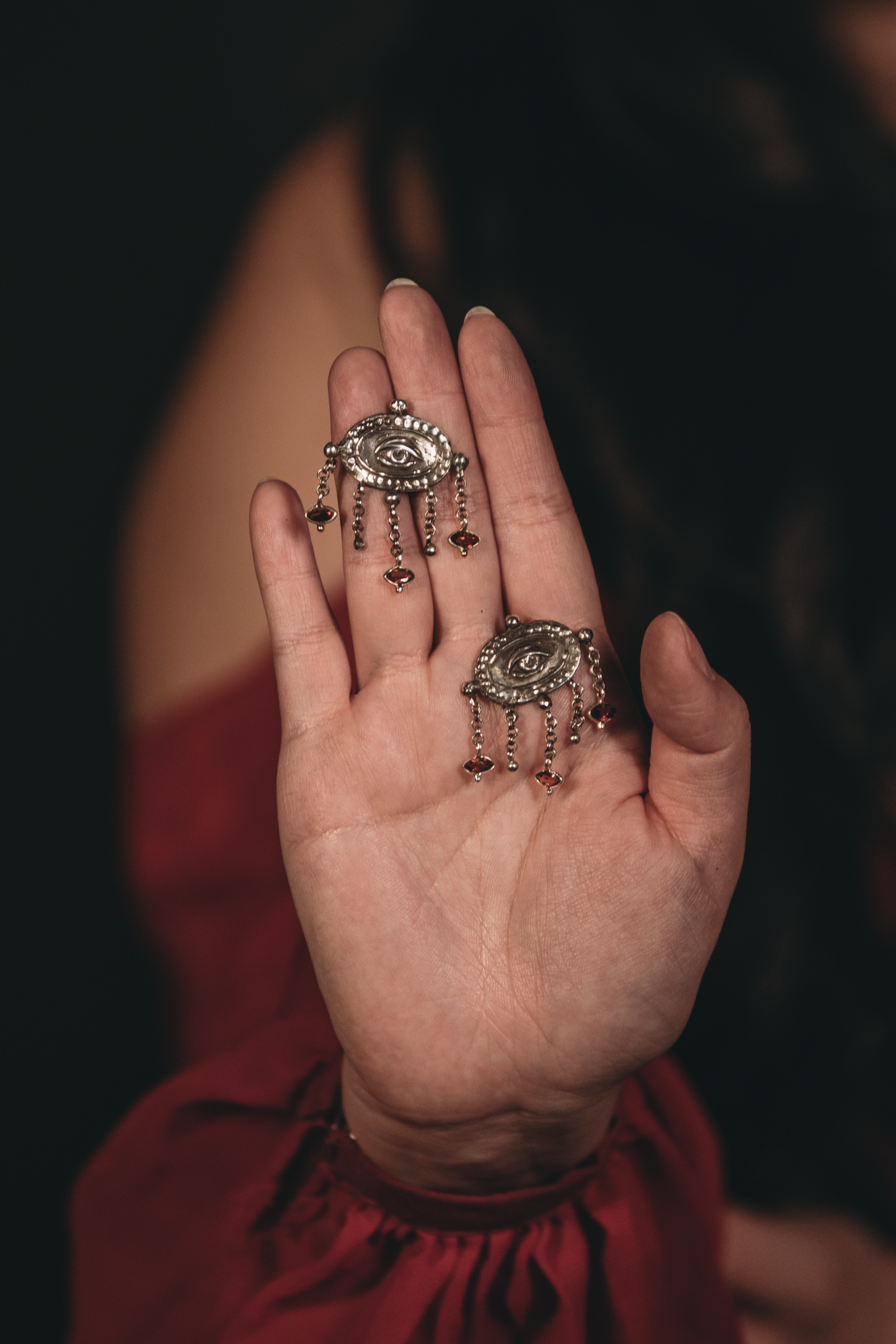 Handmade Victorian Lovers Eye silver earrings with garnet drops