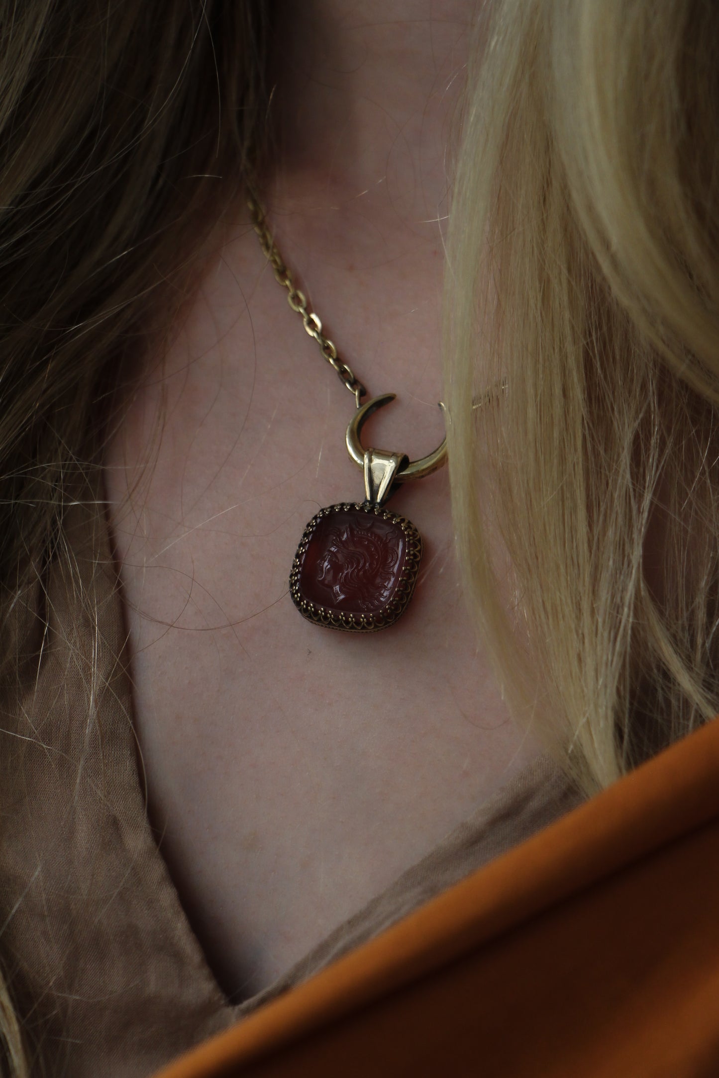 Athena cameo necklace in red glass and brass roman antiquity