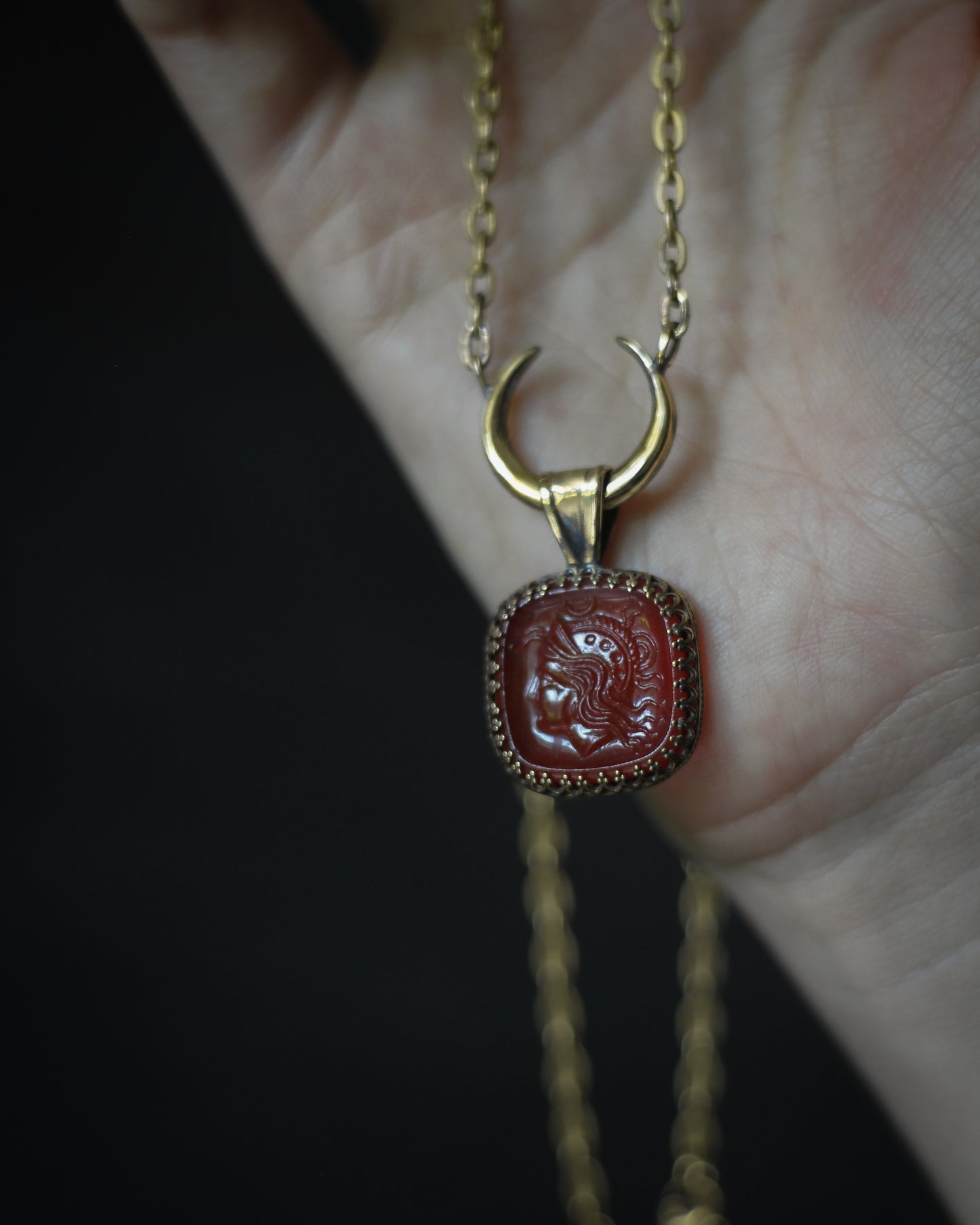Athena glass cameo necklace from 1910 with brass moon archaeology witch