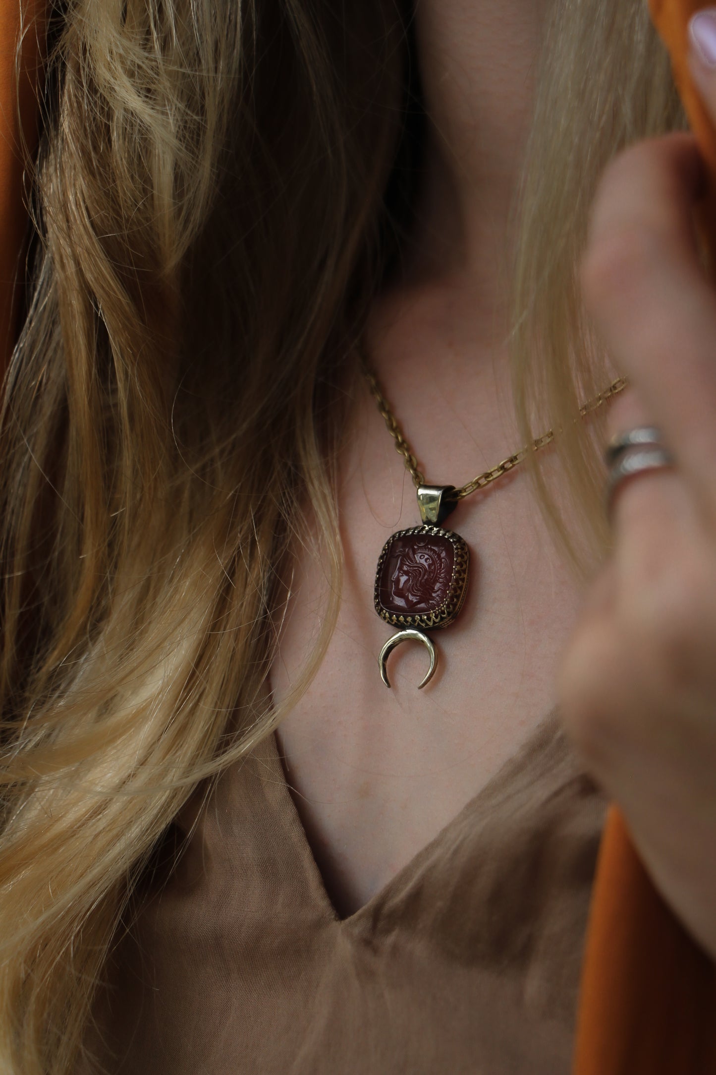 Athena moon necklace with vintage glass cameo