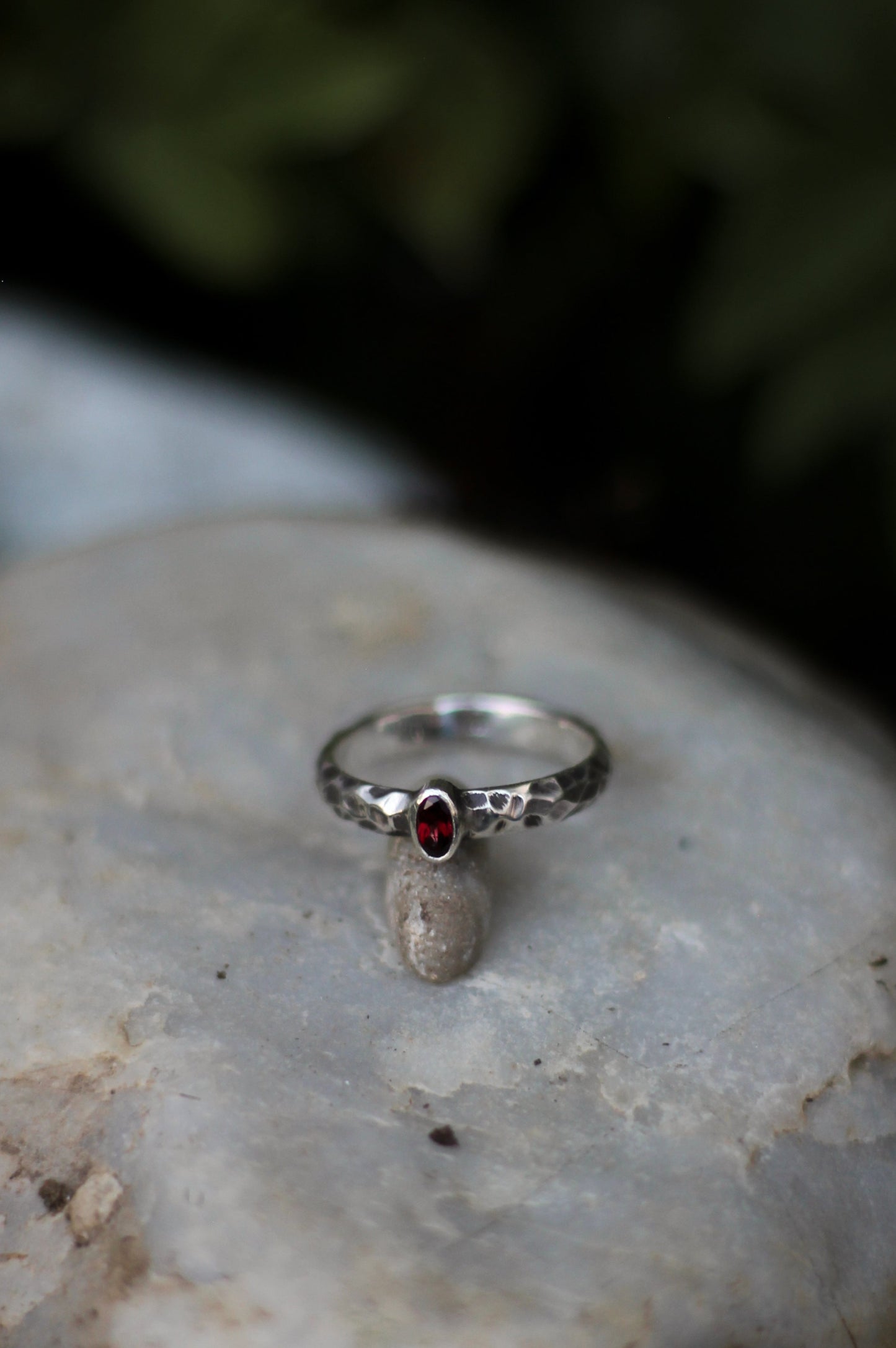 Sterling Silver hammered rings medieval fantasy wedding with garnet