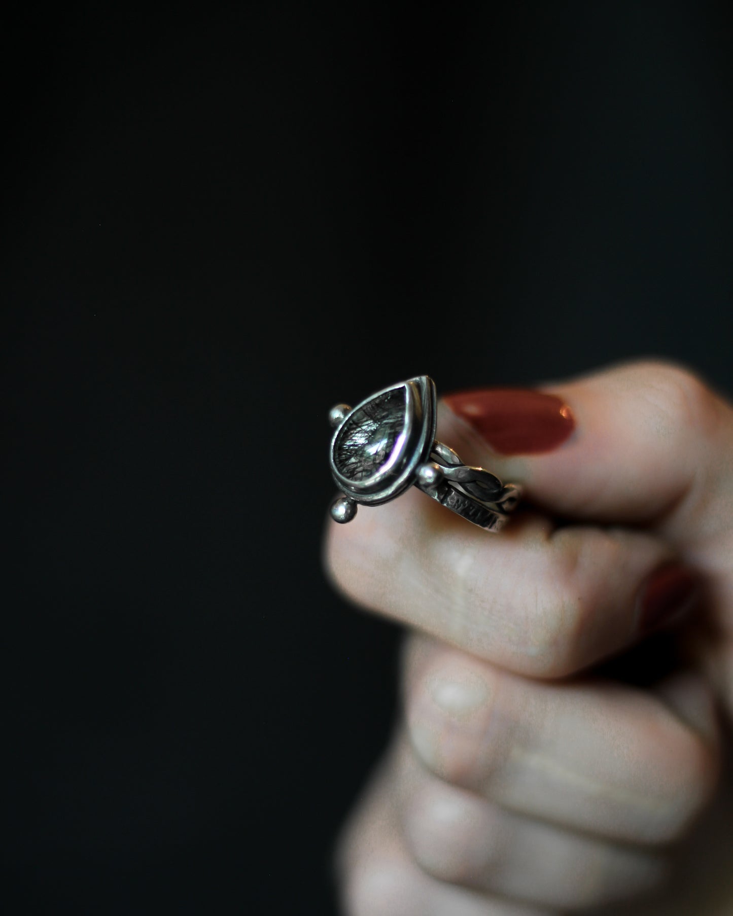 grey rutilated quartz ring historic design silver