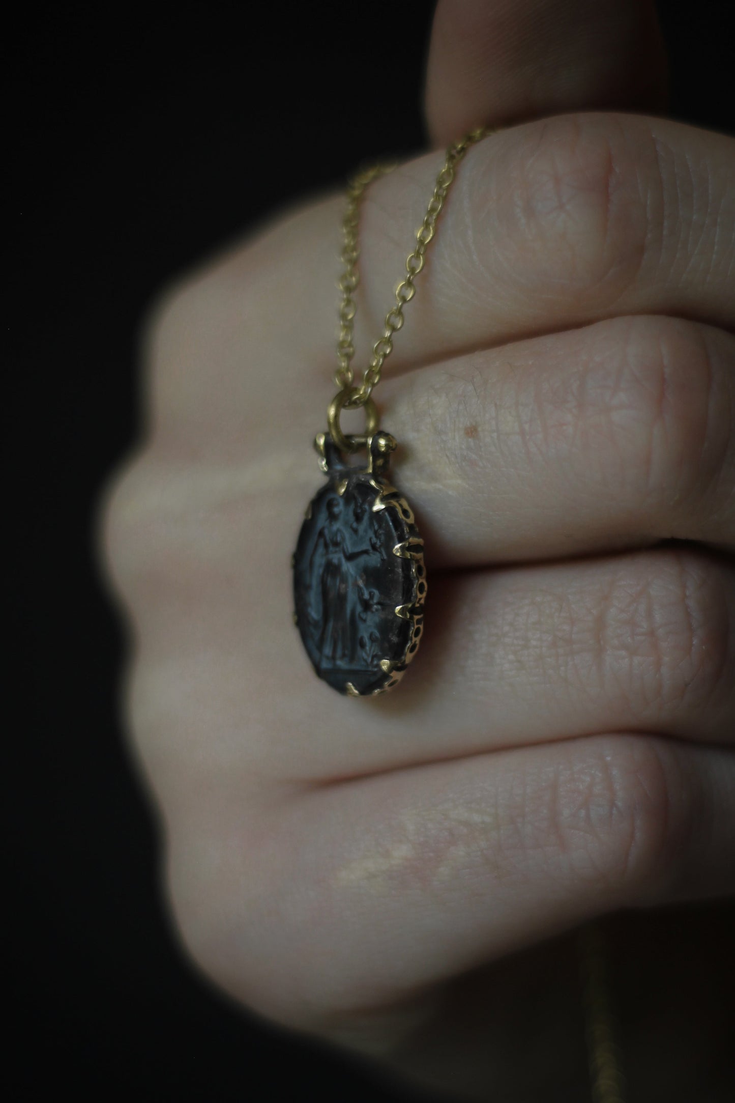 black roman glass cameo with nymph and doves necklace 1930