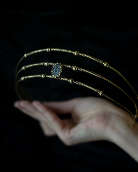 brass crown with roman vintage glass cameo depicting nymph