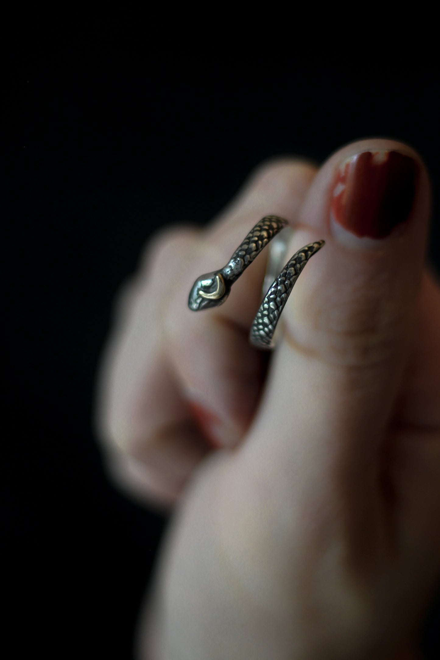 witchy serpent ring with crescent moon detail