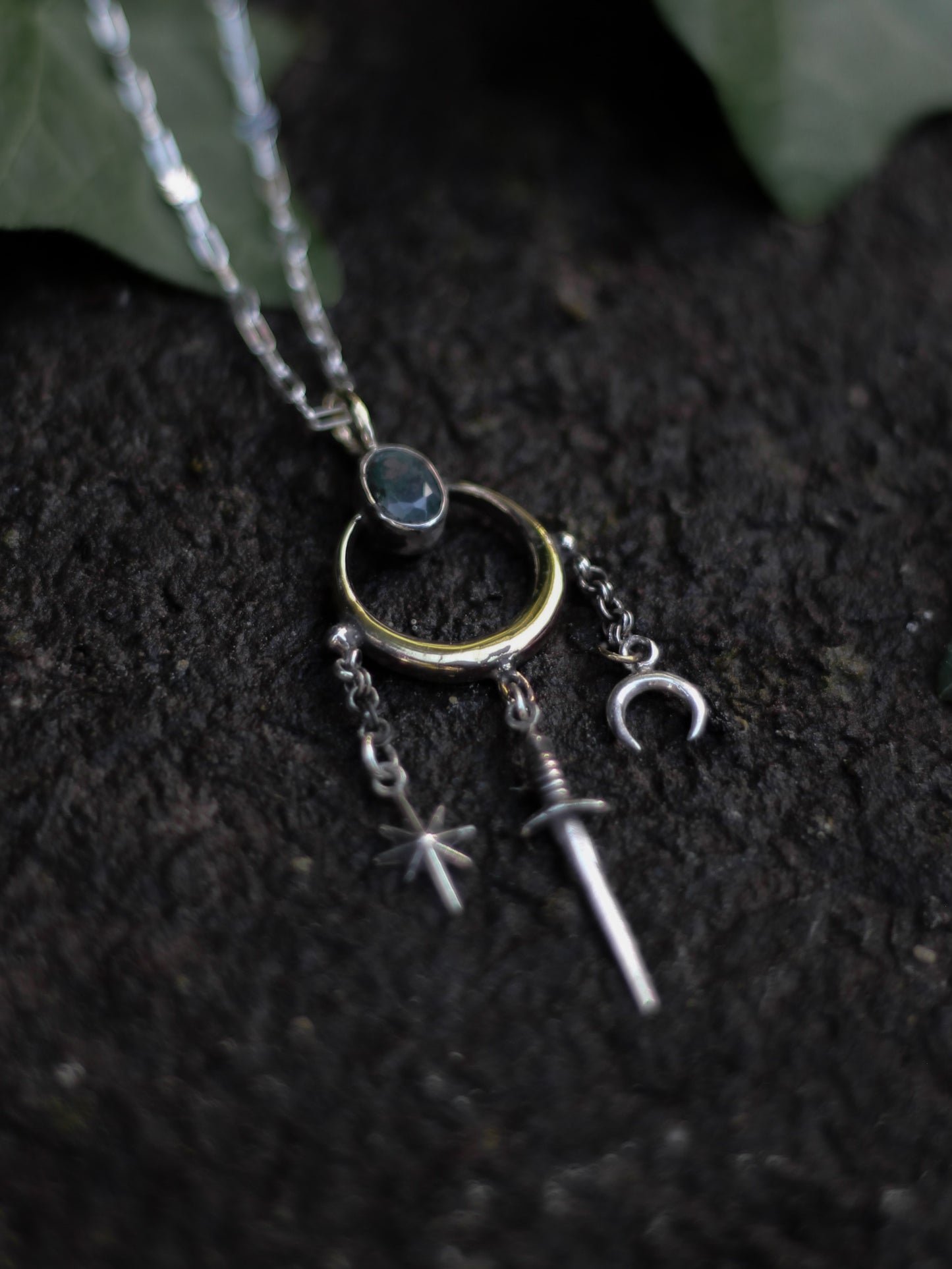 MAËTHOR High Fantasy Moonstone Sword Necklace in Brass and Silver