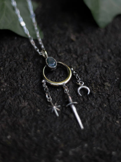 MAËTHOR High Fantasy Moonstone Sword Necklace in Brass and Silver