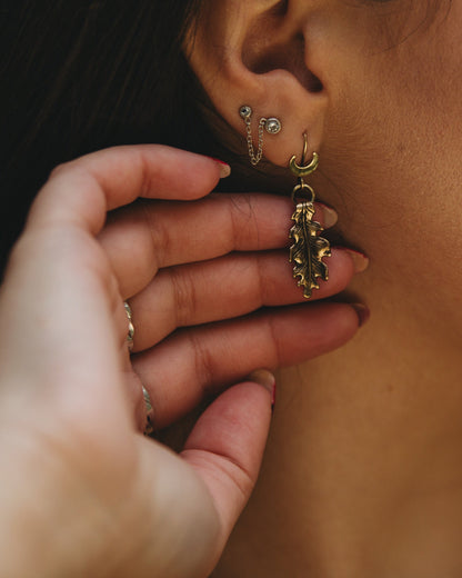 SILVA golden brass oak leaf and moon earrings