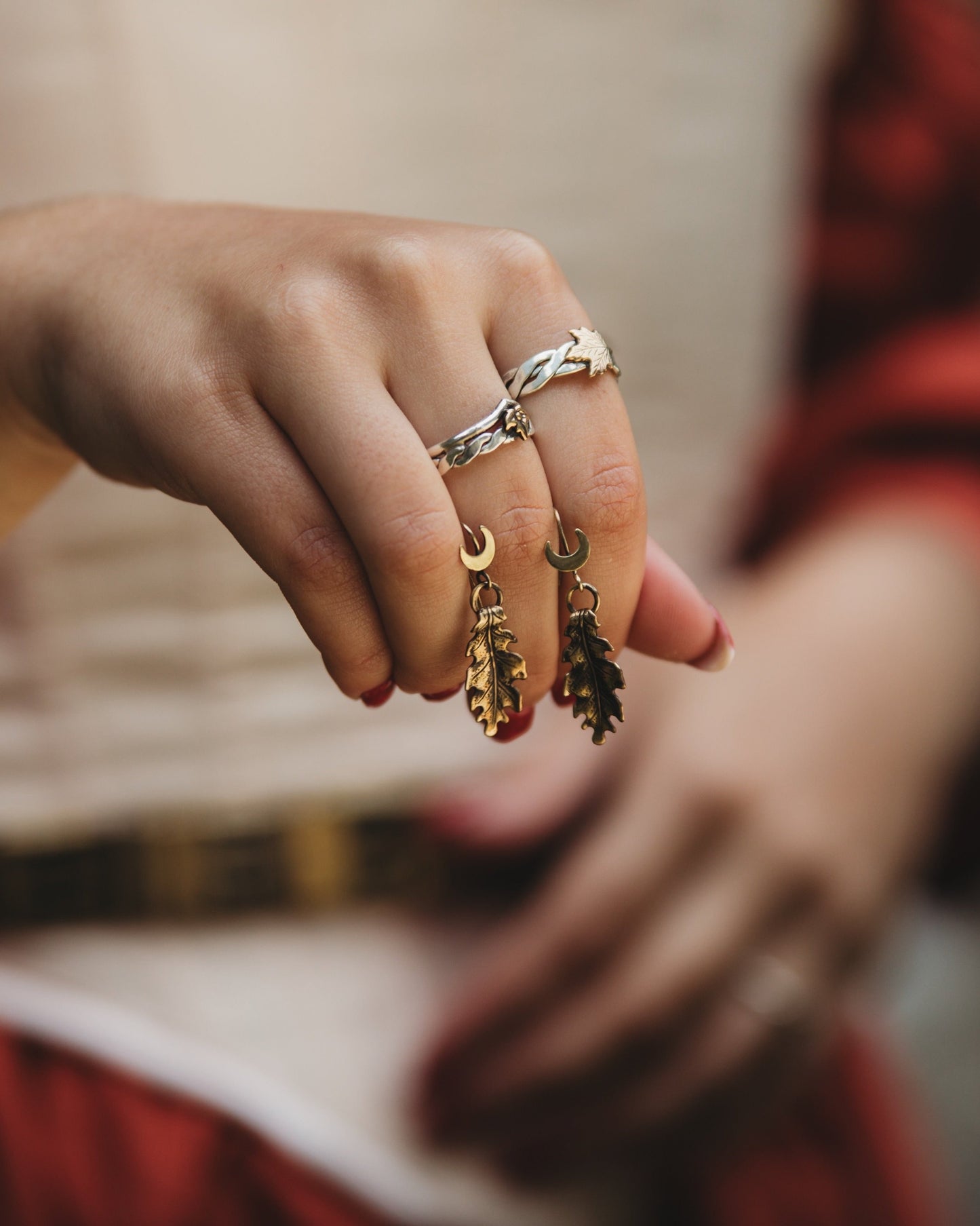 SILVA golden brass oak leaf and moon earrings