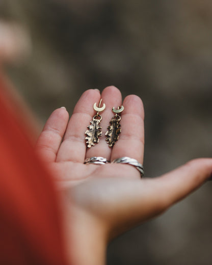 SILVA golden brass oak leaf and moon earrings