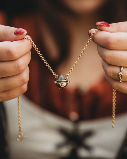 Herkimer Crystal Witch Cauldron Necklace in Bronze