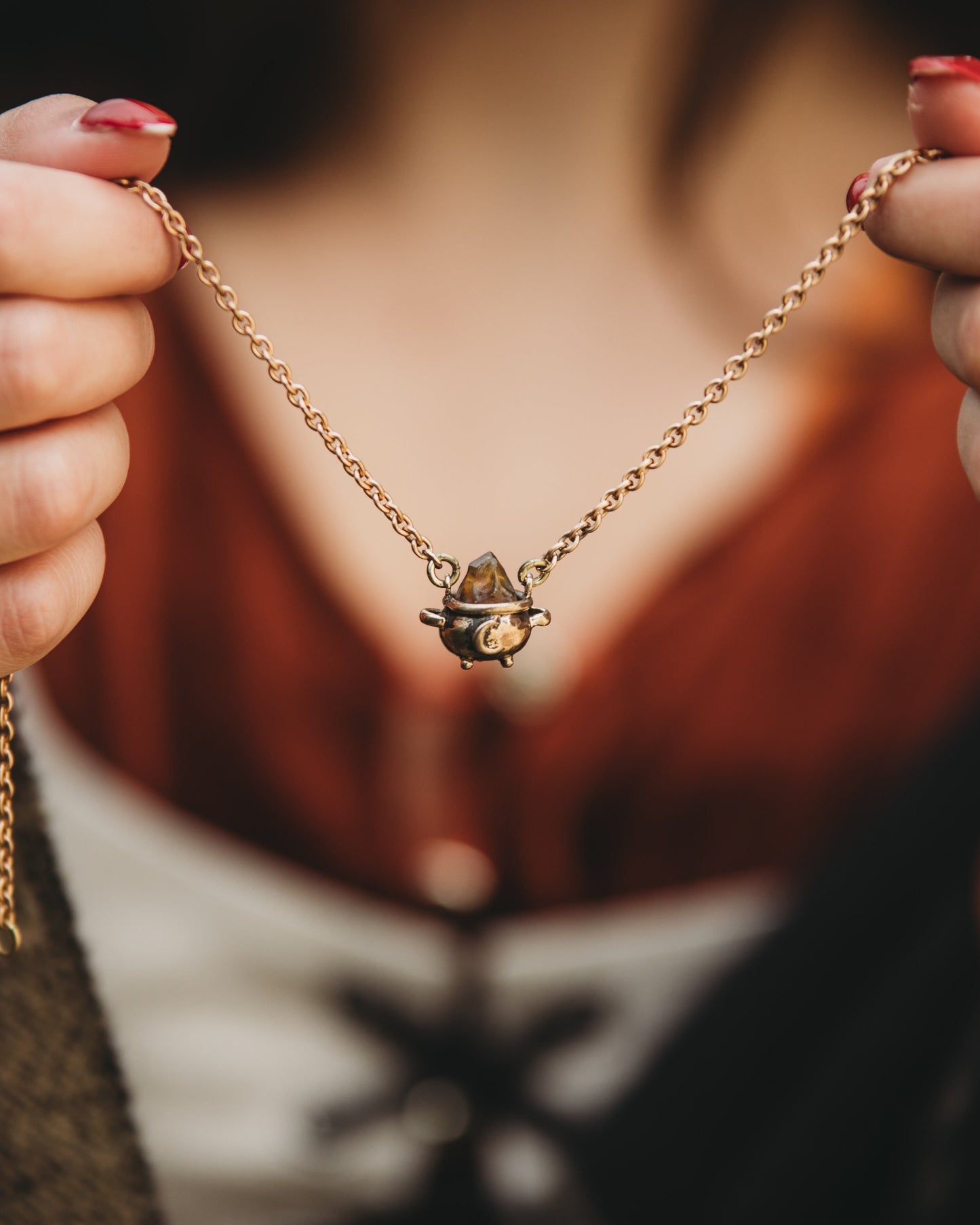 Amber Witch Cauldron Necklace in Bronze