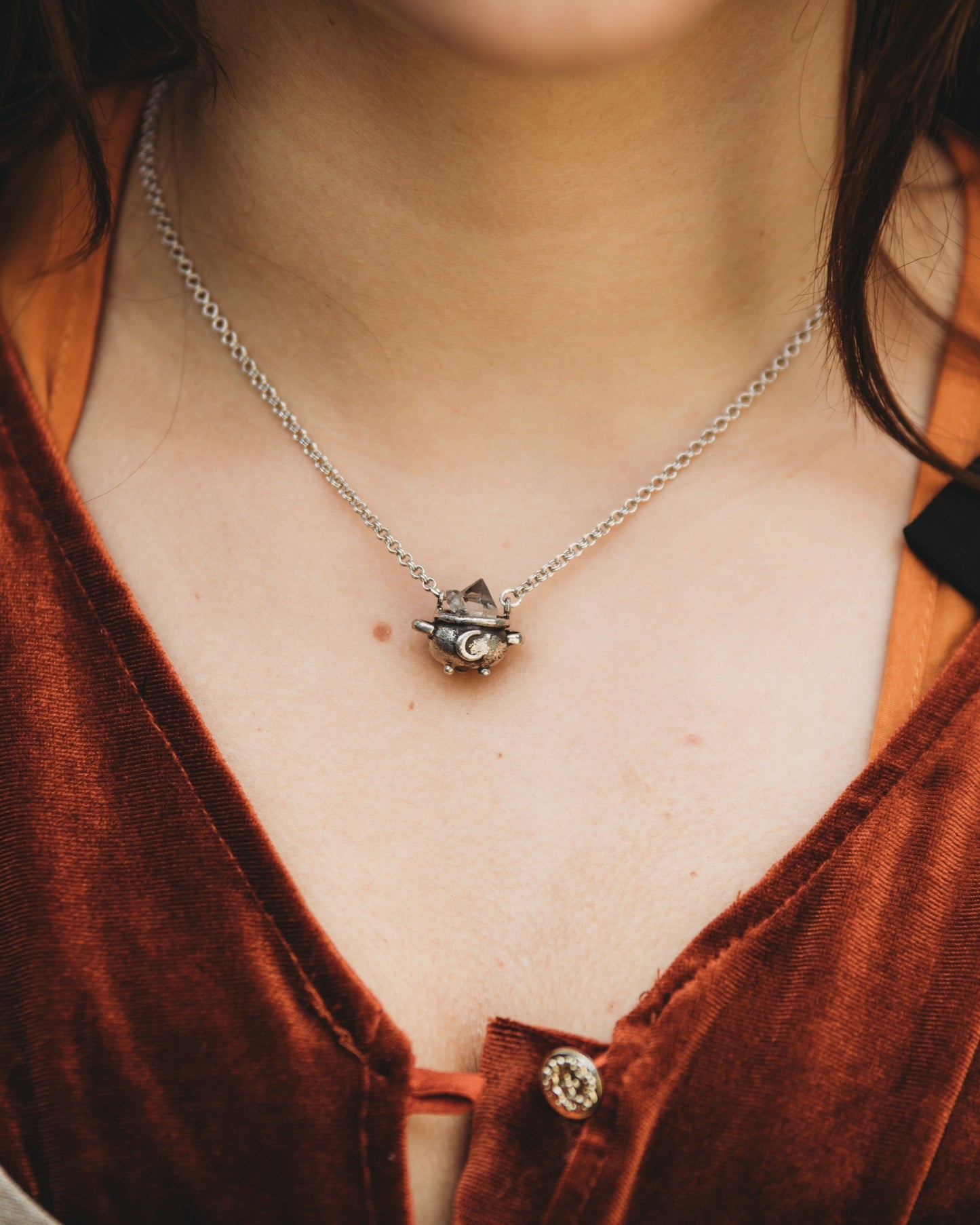 Herkimer Crystal Witch Cauldron Necklace in Sterling Silver