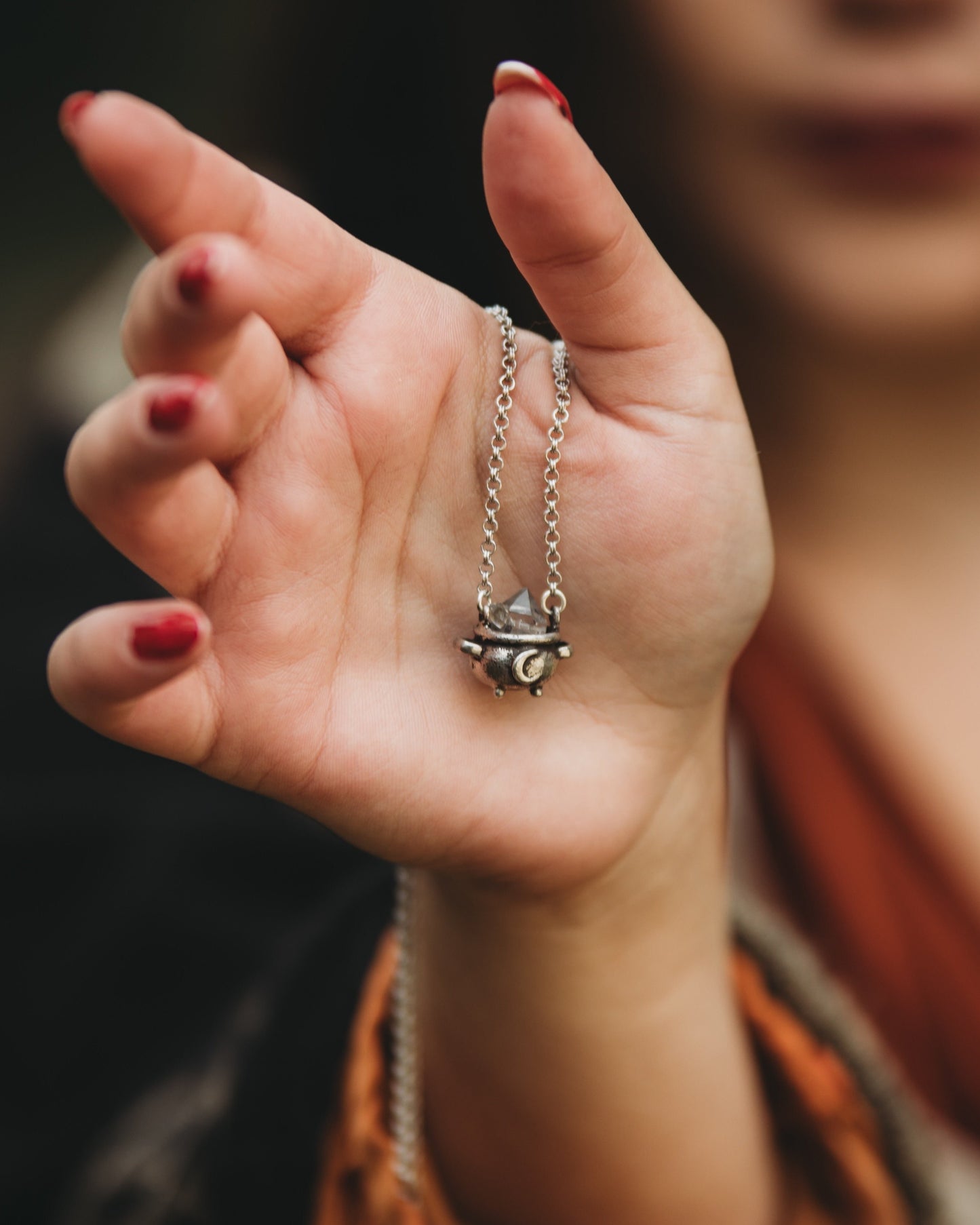 Herkimer Crystal Witch Cauldron Necklace in Sterling Silver