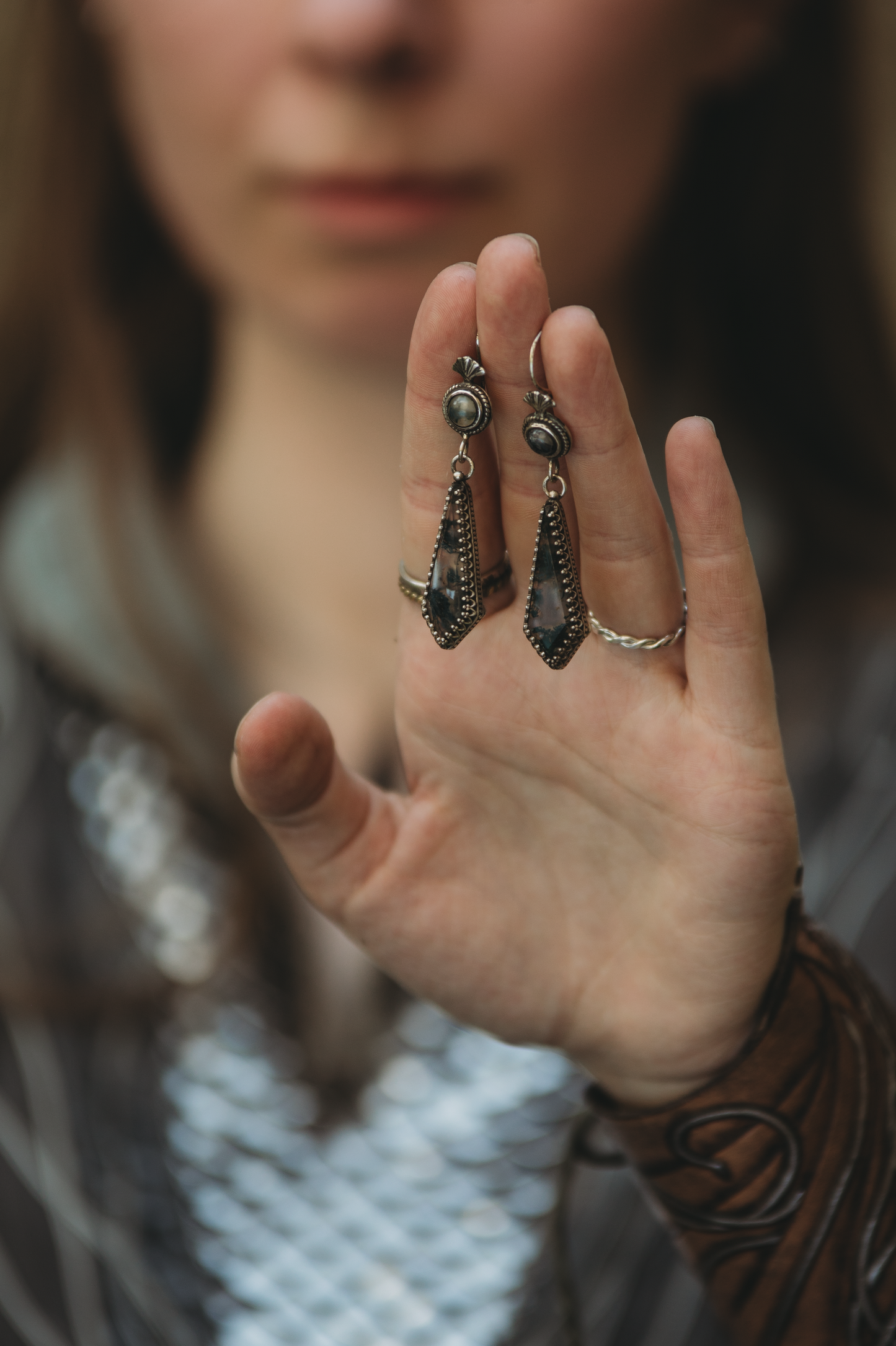 ITHILWEN Moss Agate Earrings in Sterling Silver
