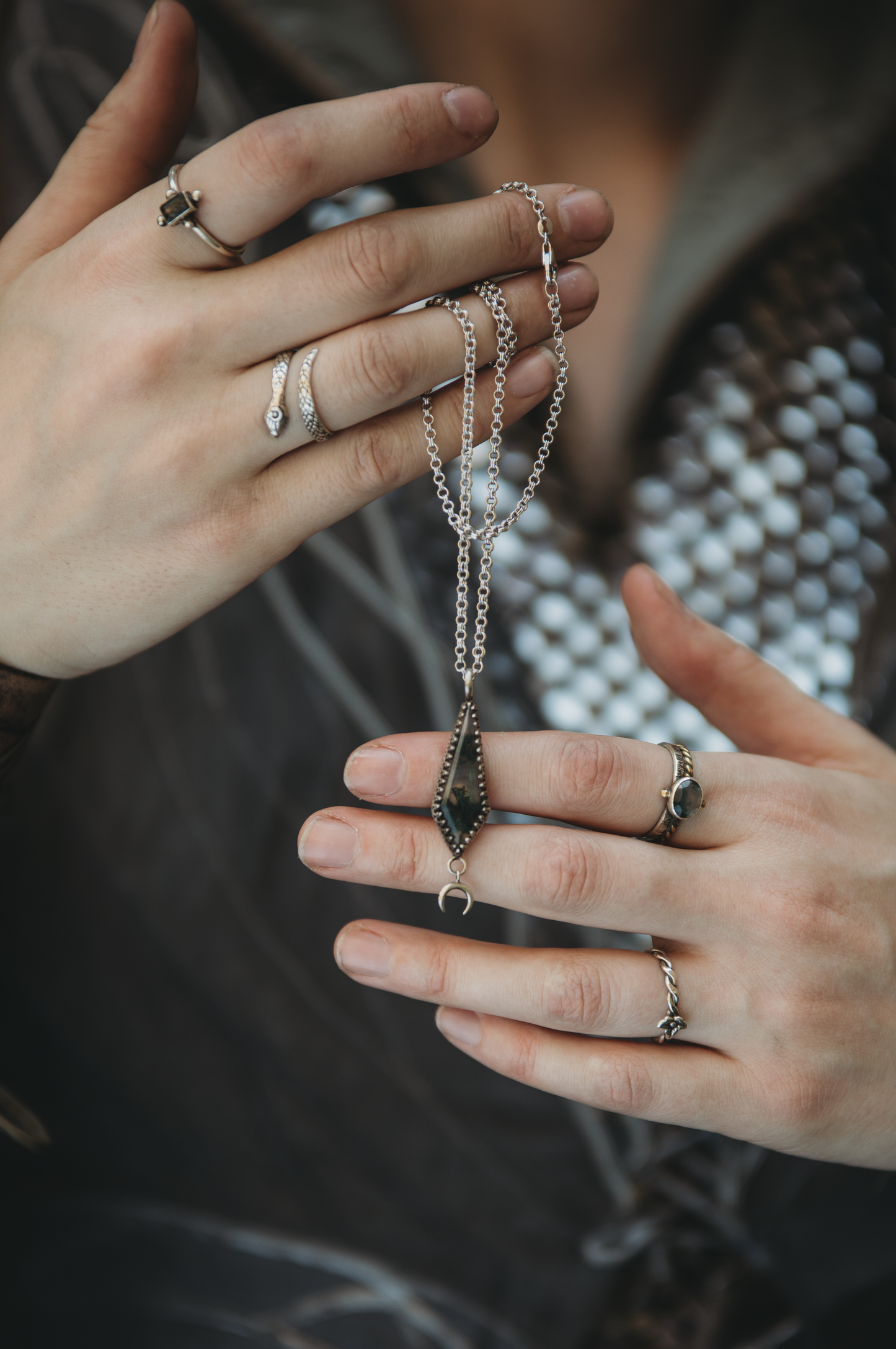 ITHILWEN Moss Agate Necklace in Sterling Silver with moon detail