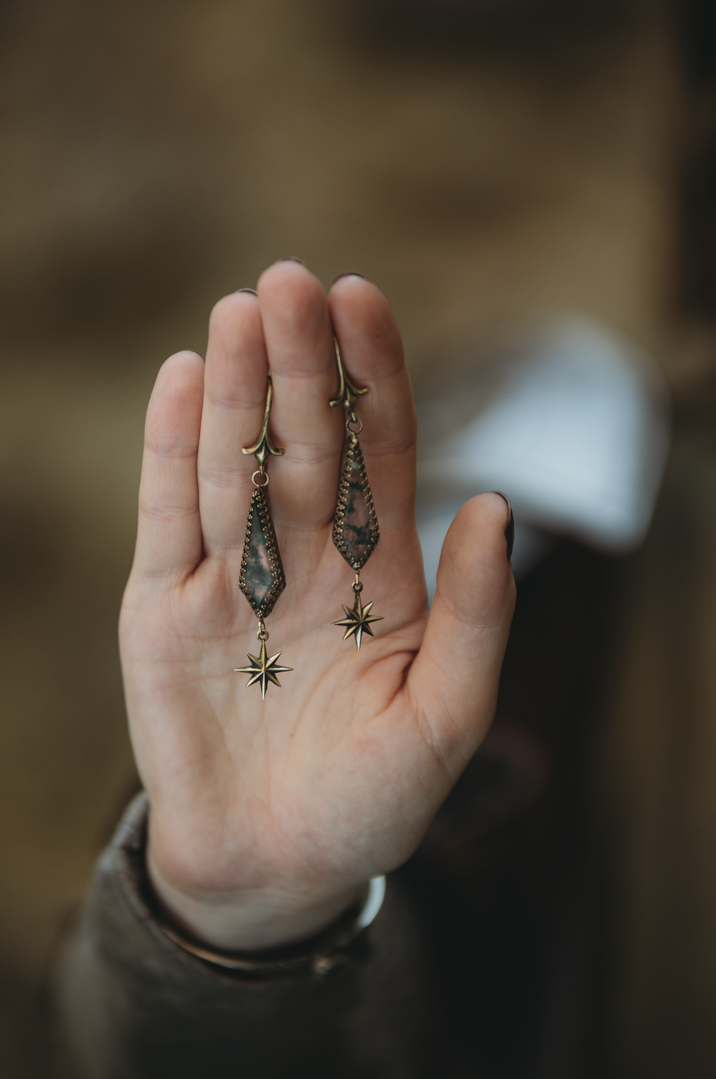 ELENWË Moss Agate Earrings in Brass with star details