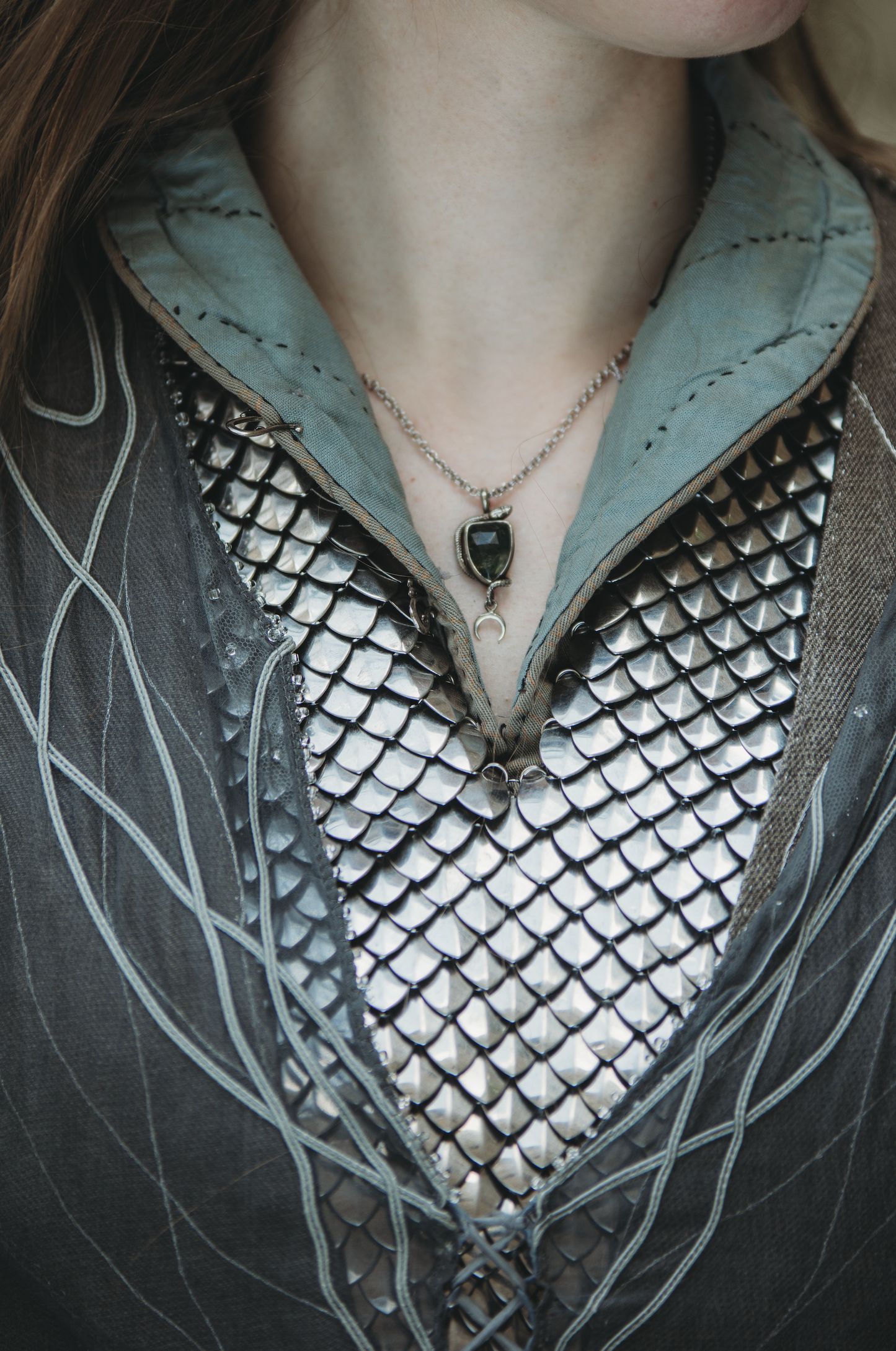 SÍRIEL I snake and moon high fantasy pendant in sterling silver with moss agate shield