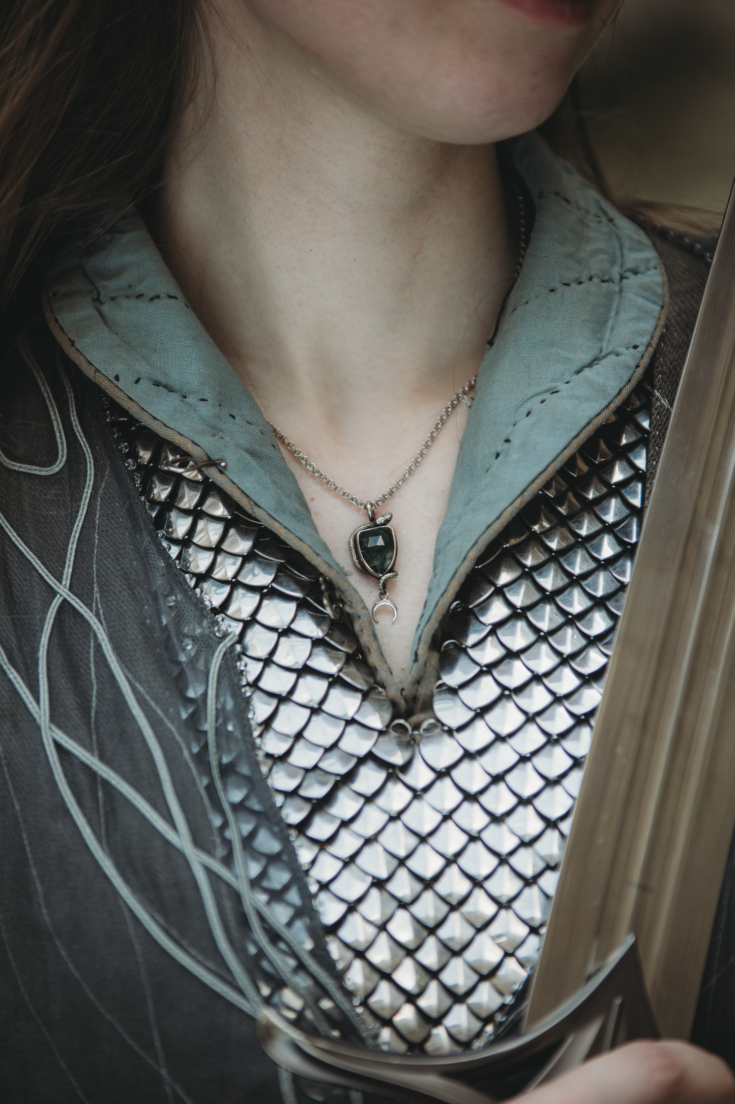 SÍRIEL I snake and moon high fantasy pendant in sterling silver with moss agate shield
