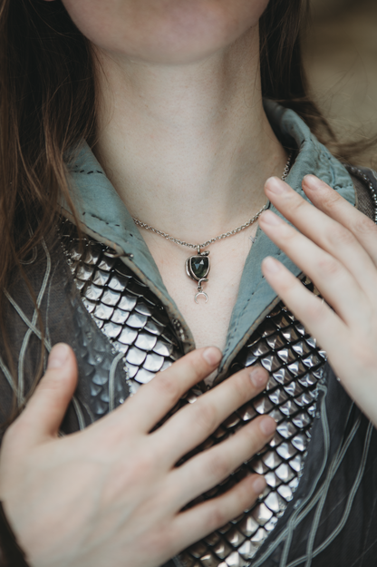 SÍRIEL I snake and moon high fantasy pendant in sterling silver with moss agate shield