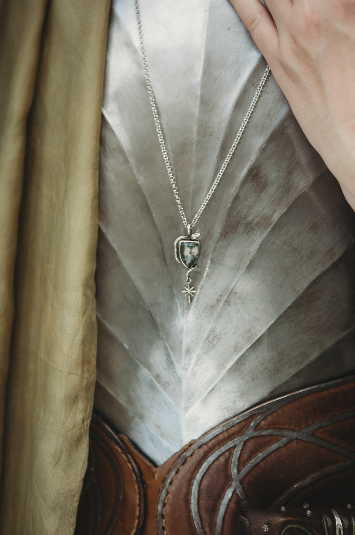 SÍRIEL II snake and star high fantasy pendant in sterling silver with moss agate shield