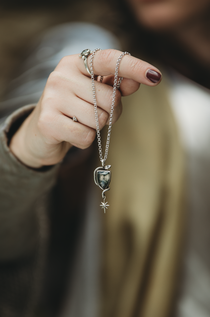 SÍRIEL II snake and star high fantasy pendant in sterling silver with moss agate shield